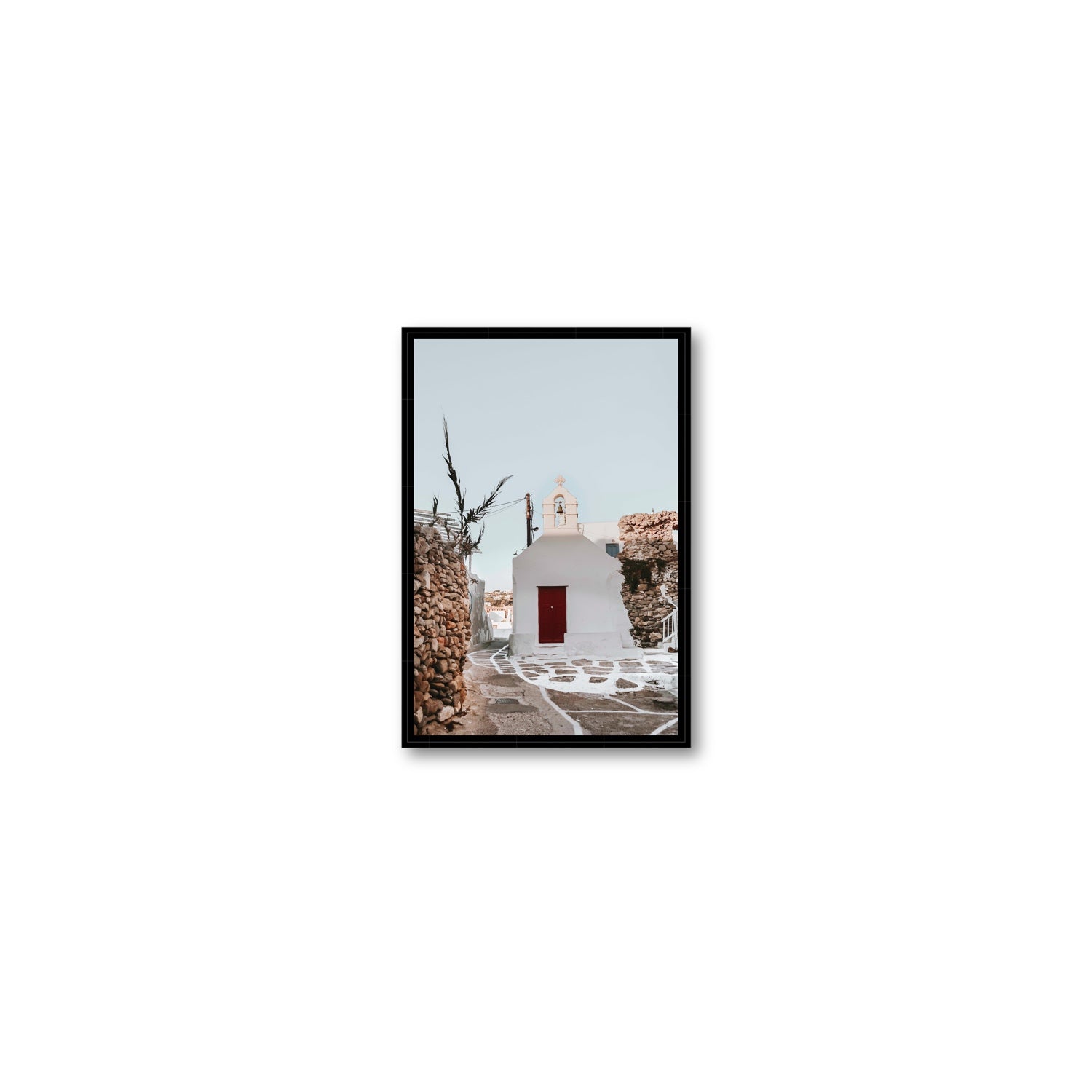 Little Chapel Mykonos Greek island wall art Small fine art canvas in black float frame