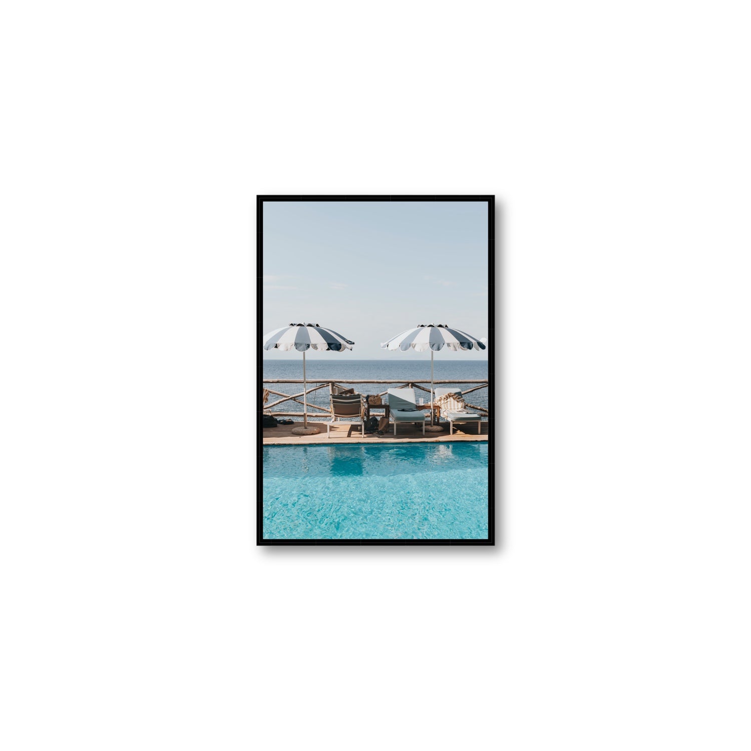 Beach Retreat fine art print, Ischia, Italy, european beach clubs artwork, Medium, Black Float Frame, Fine Art Canvas