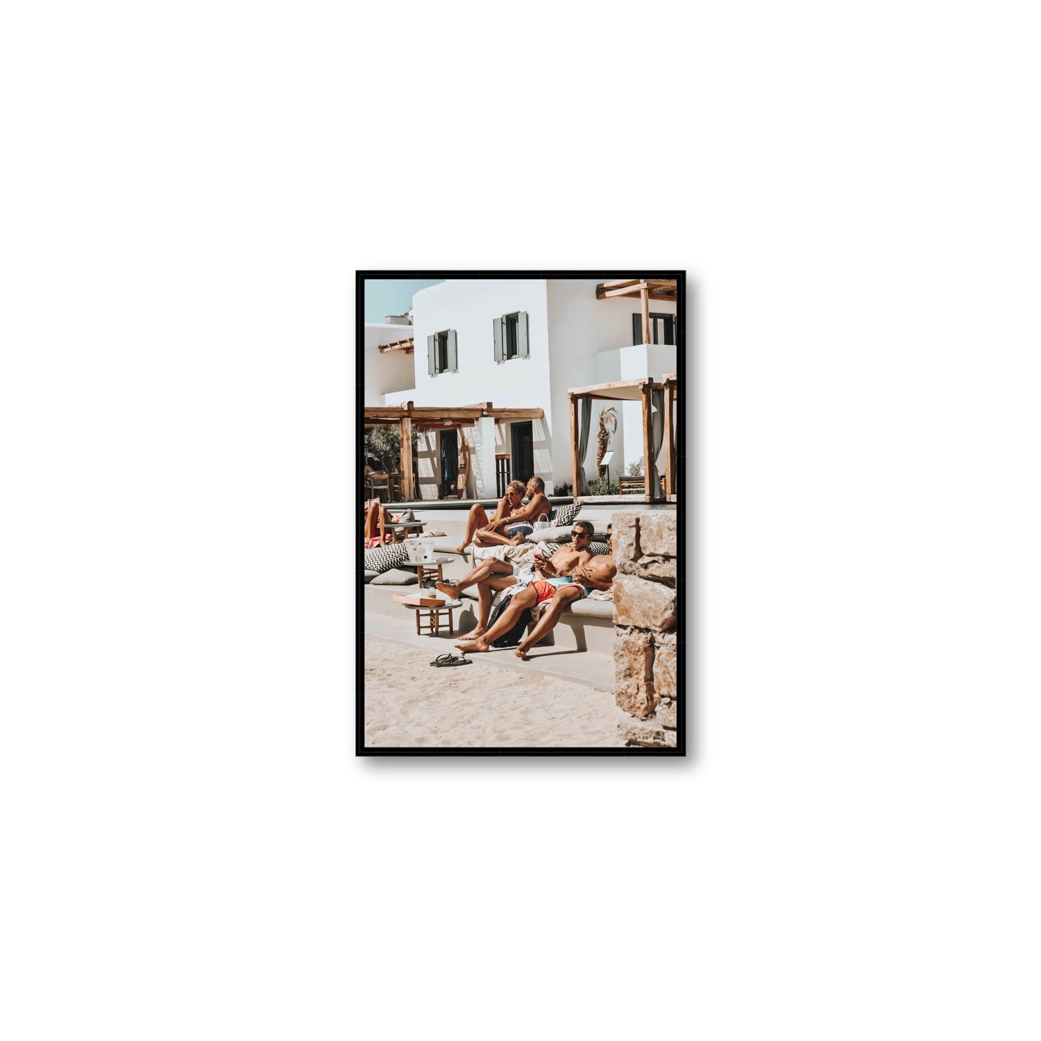 Style That Sizzles Mykonos Greek island wall art Medium fine art canvas in black float frame