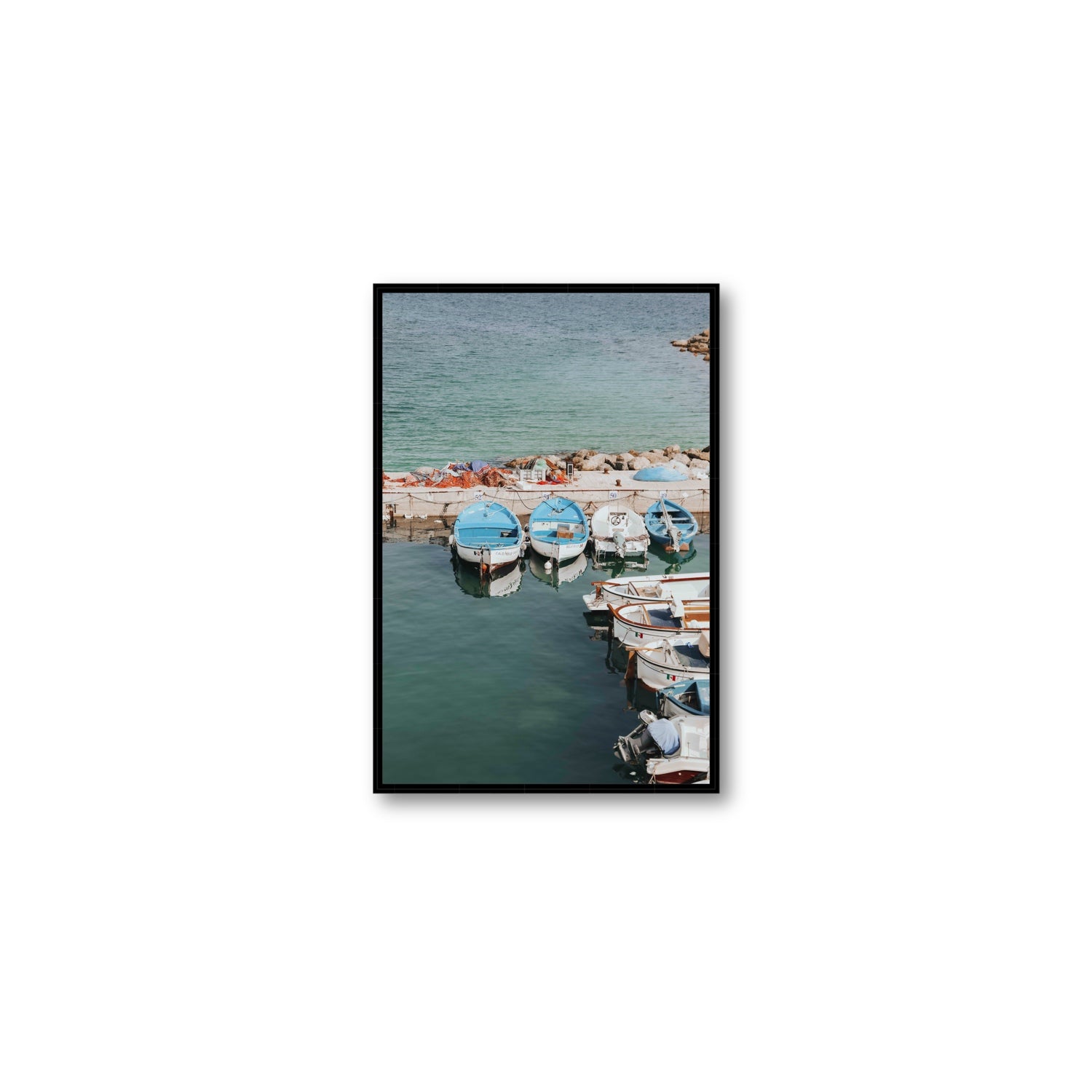 Maritime Memories Puglia Harbour Reflections coastal wall art Medium fine art canvas in black float frame