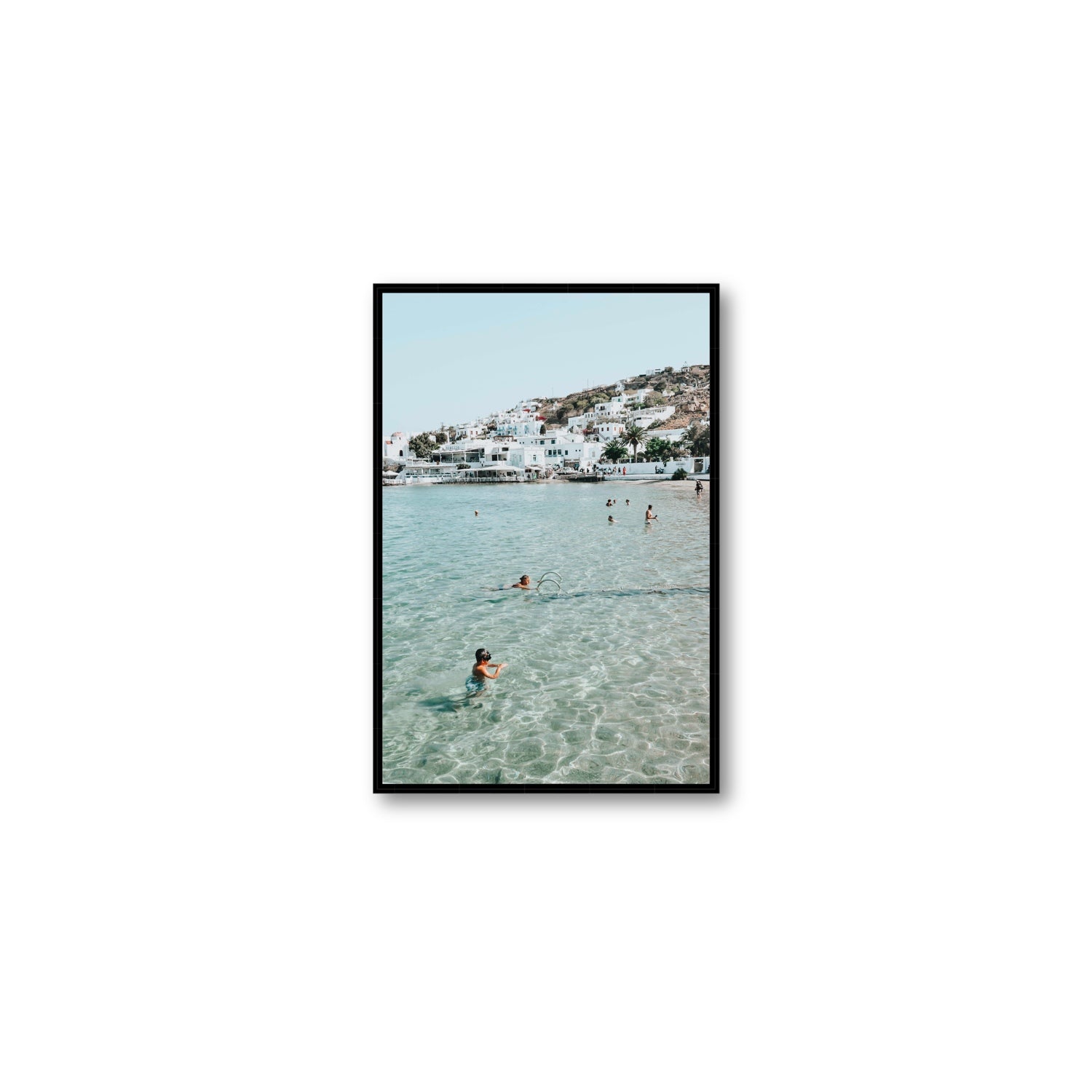 Beside The Seaside Mykonos beach Greek island wall art Medium fine art canvas in black float frame