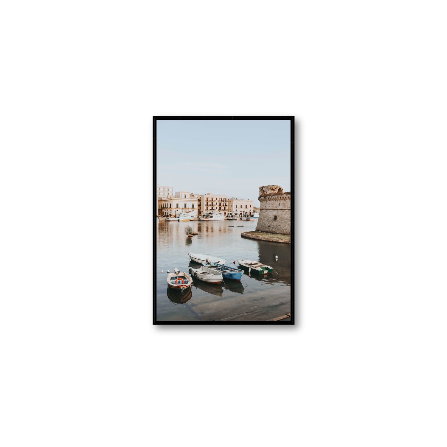 Gallipoli Harbour Puglia coastal wall art Medium fine art canvas in black float frame
