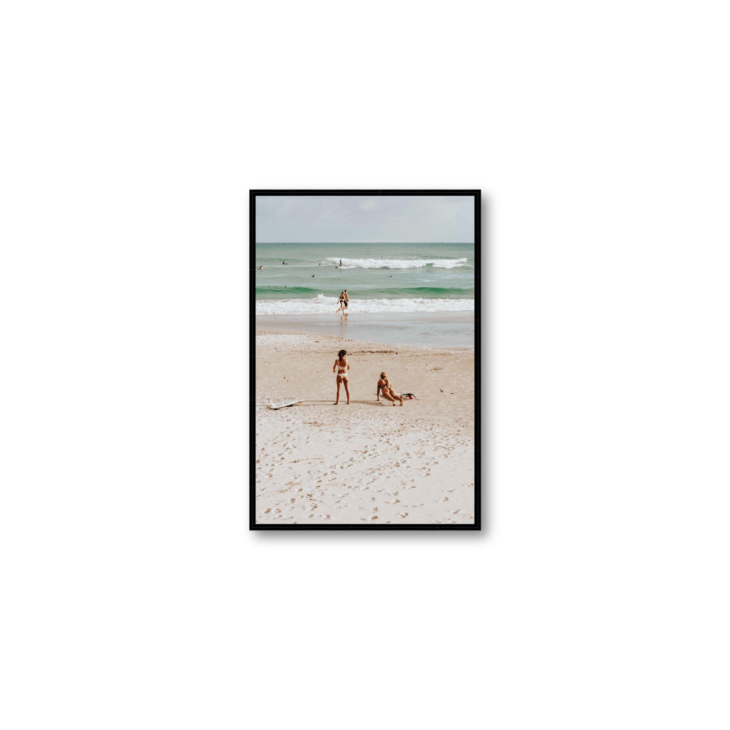Gidget & Betty Byron Bay beach coastal wall art Medium fine art canvas in black float frame