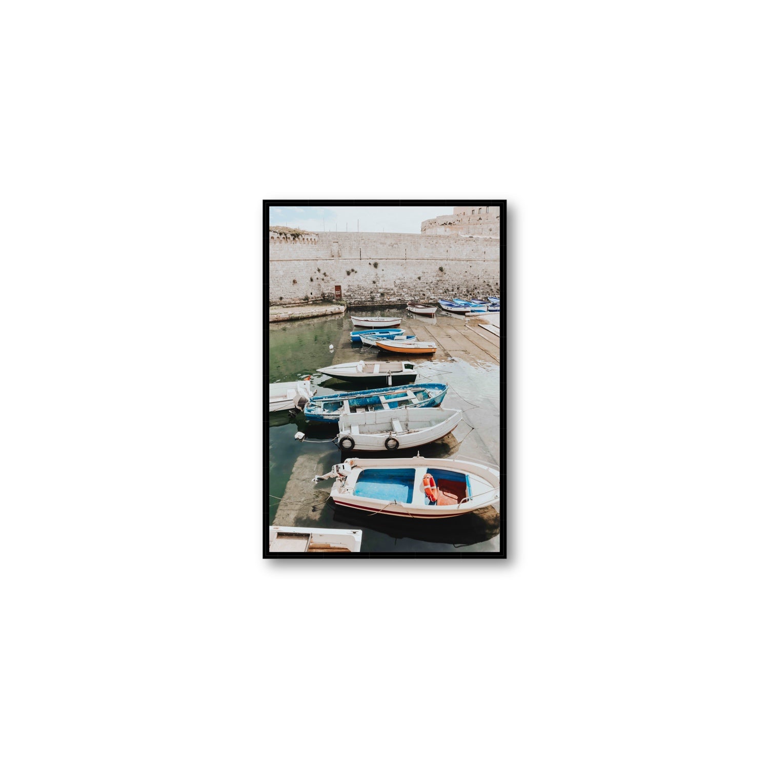 Harbour Palette Puglia coastal photography wall art Medium fine art canvas in black float frame