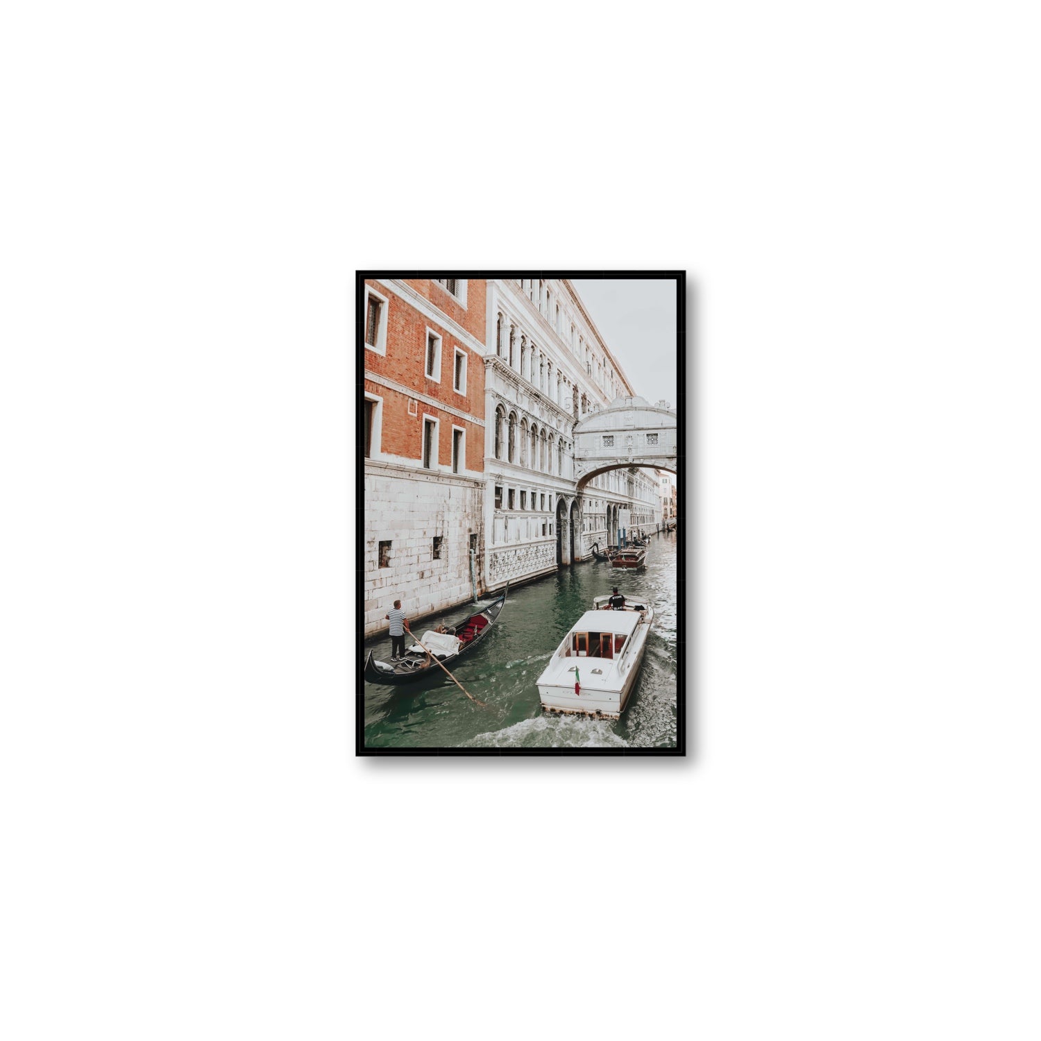 Under the Bridge Venice Gondola Italian wall art Medium fine art canvas in black float frame