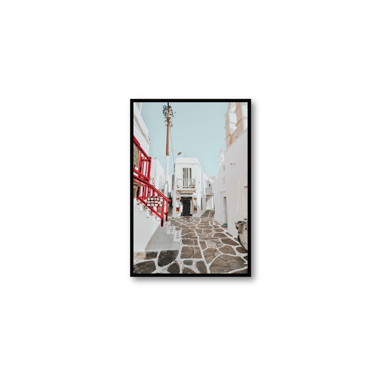 Happiness Mykonos Greek island wall art Medium fine art canvas in black float frame