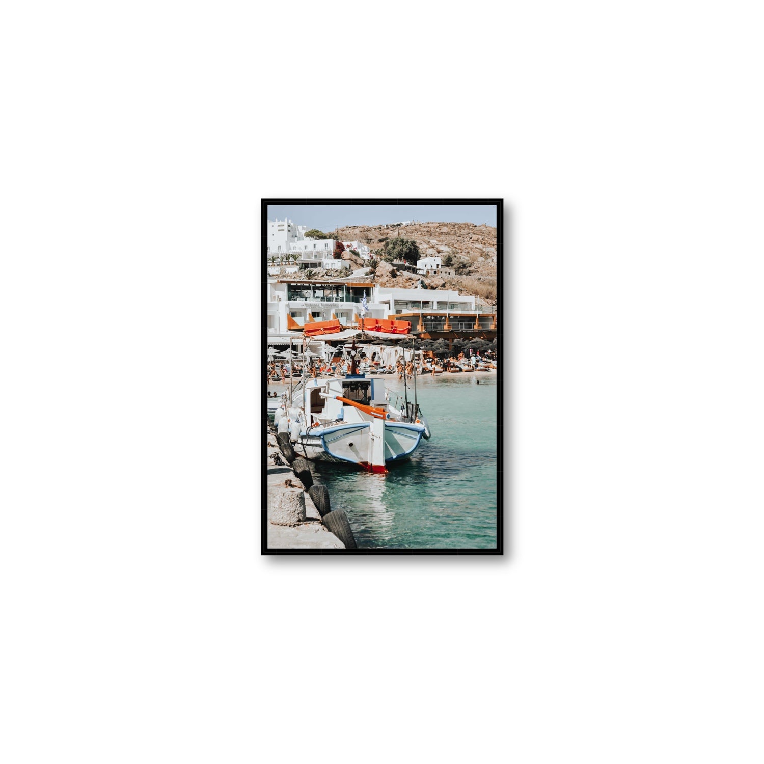 Travel In Style Mykonos Greek island wall art Medium fine art canvas in black float frame