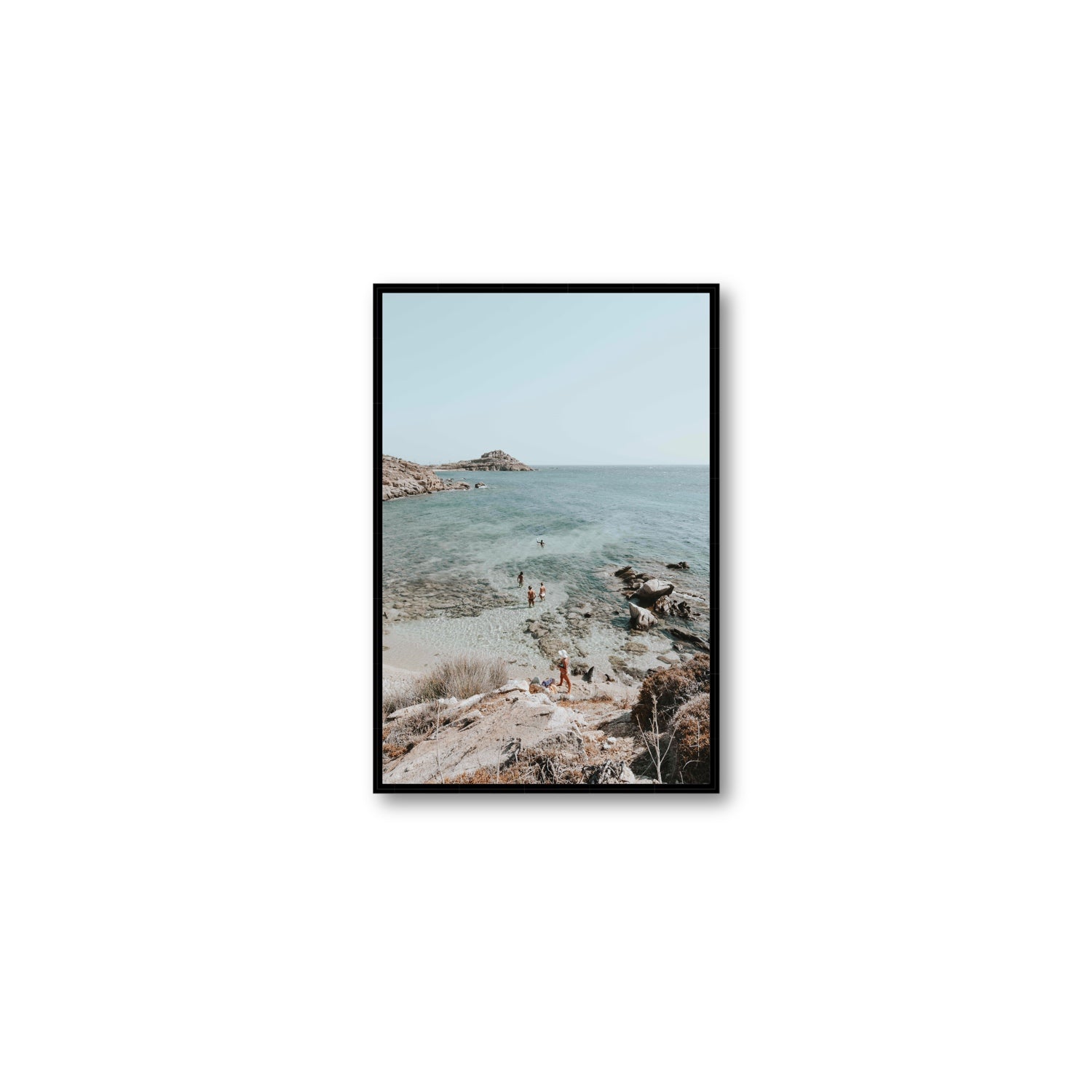 Explorers Mykonos Greek island wall art Medium fine art canvas in black float frame