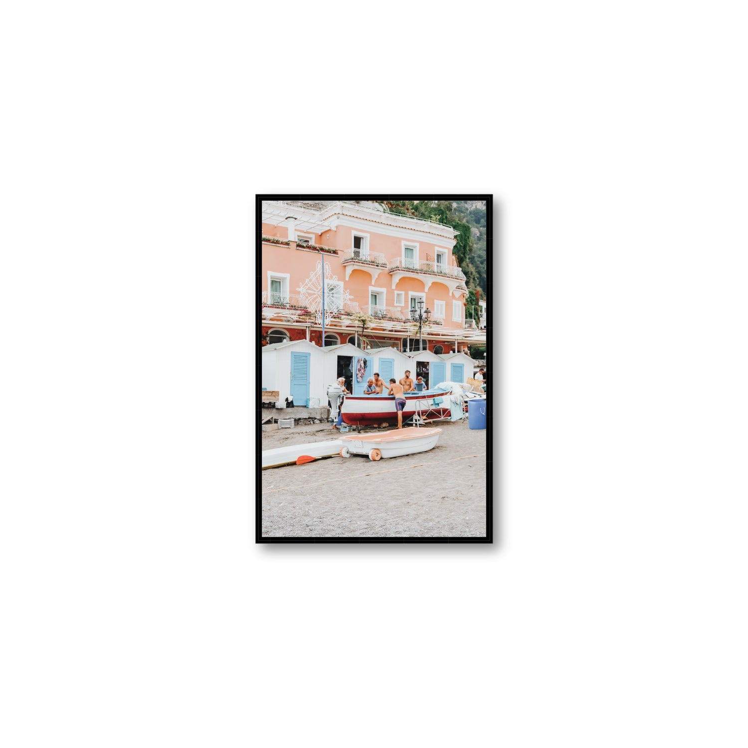 La Riunione della Mattina fine art print, Positano, Italy, Medium, Black Float Frame, Fine Art Canvas