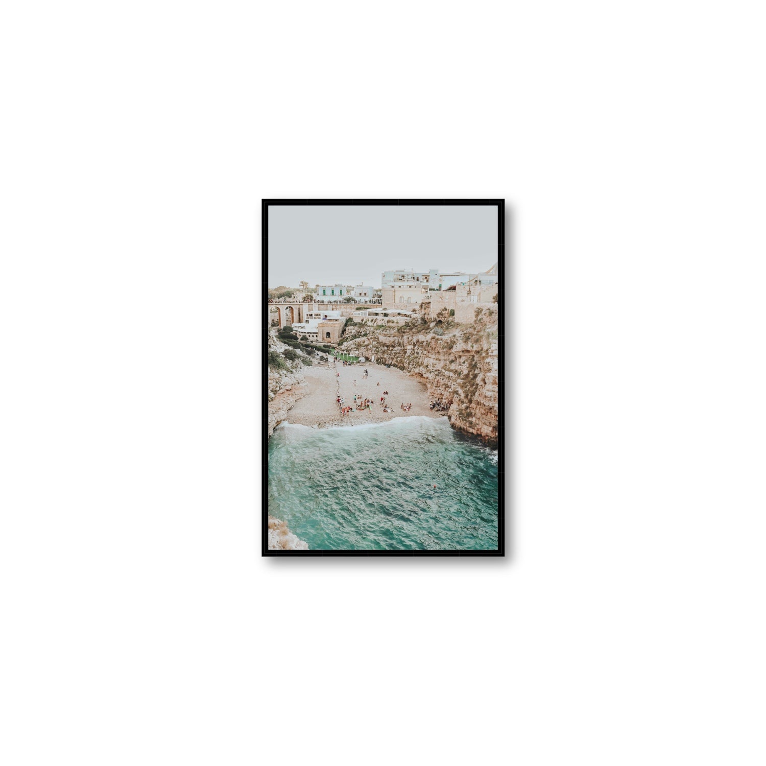 Polignano Vista Puglia coastal Italian beach fine art print Medium fine art canvas in black float frame