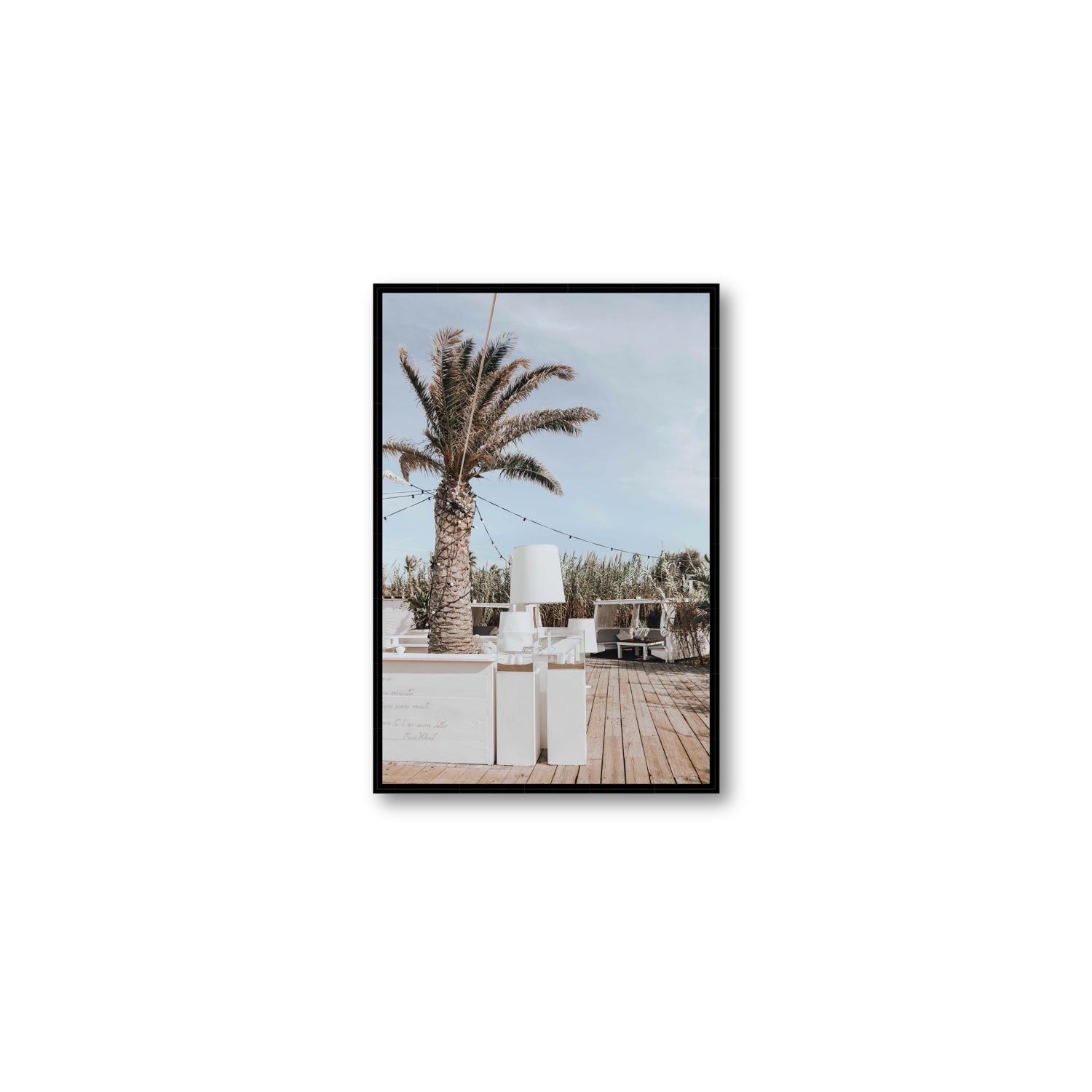 Seabreeze Palm Puglia coastal beach wall art Medium fine art canvas in black float frame