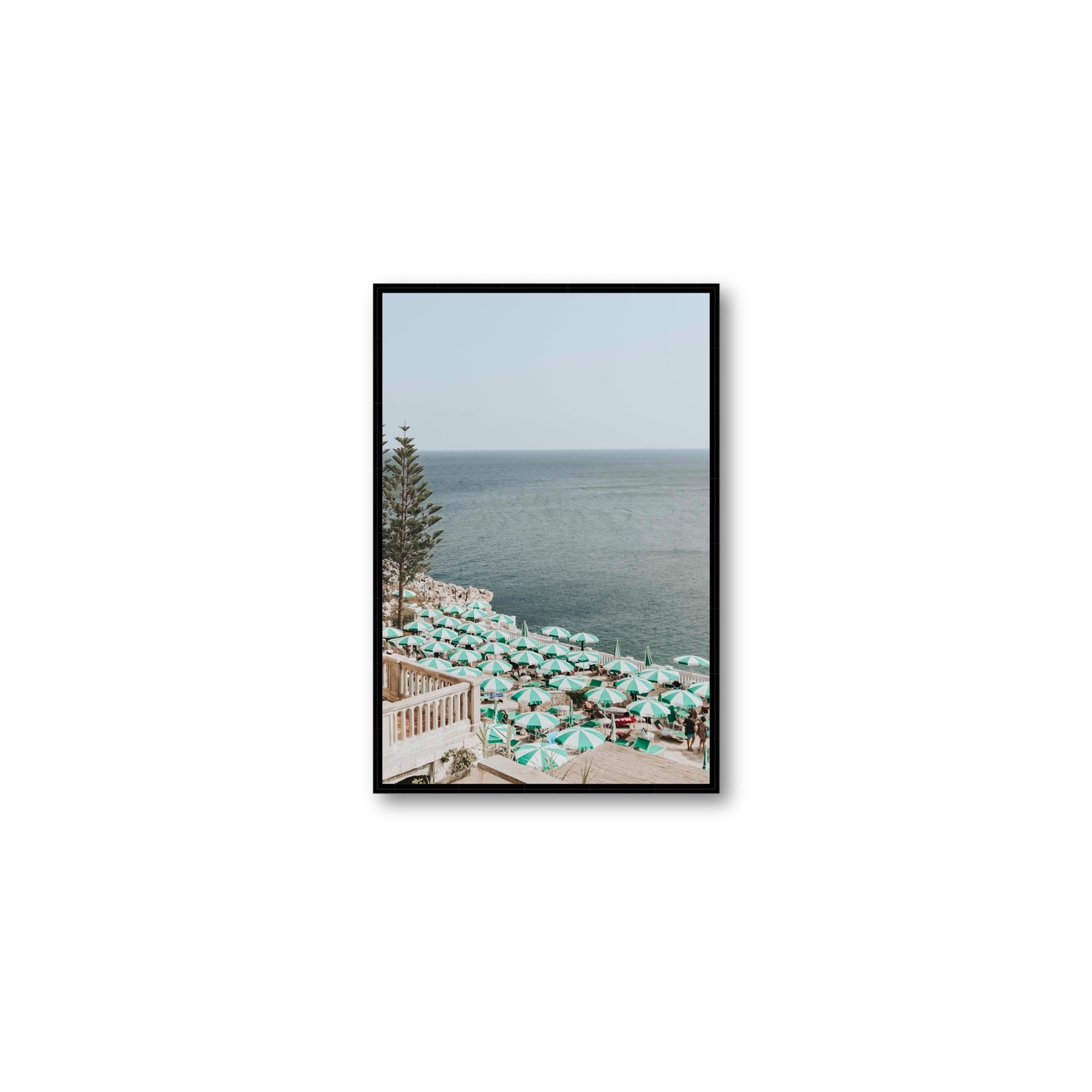 Sun-drenched Stripes Puglia beach coastal wall art Medium fine art canvas in black float frame