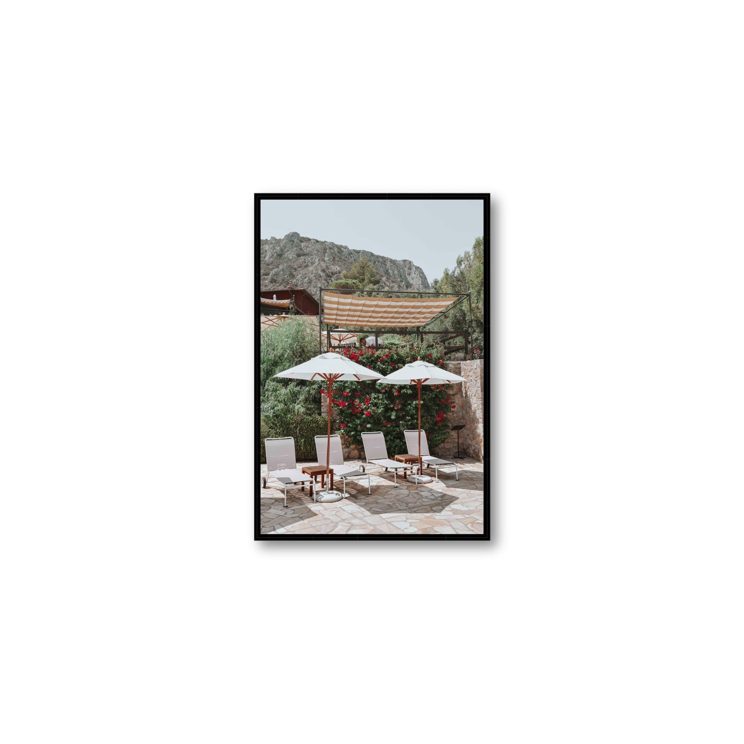 Shades of Leisure Tuscany coastal Italian wall art Medium fine art canvas in black float frame