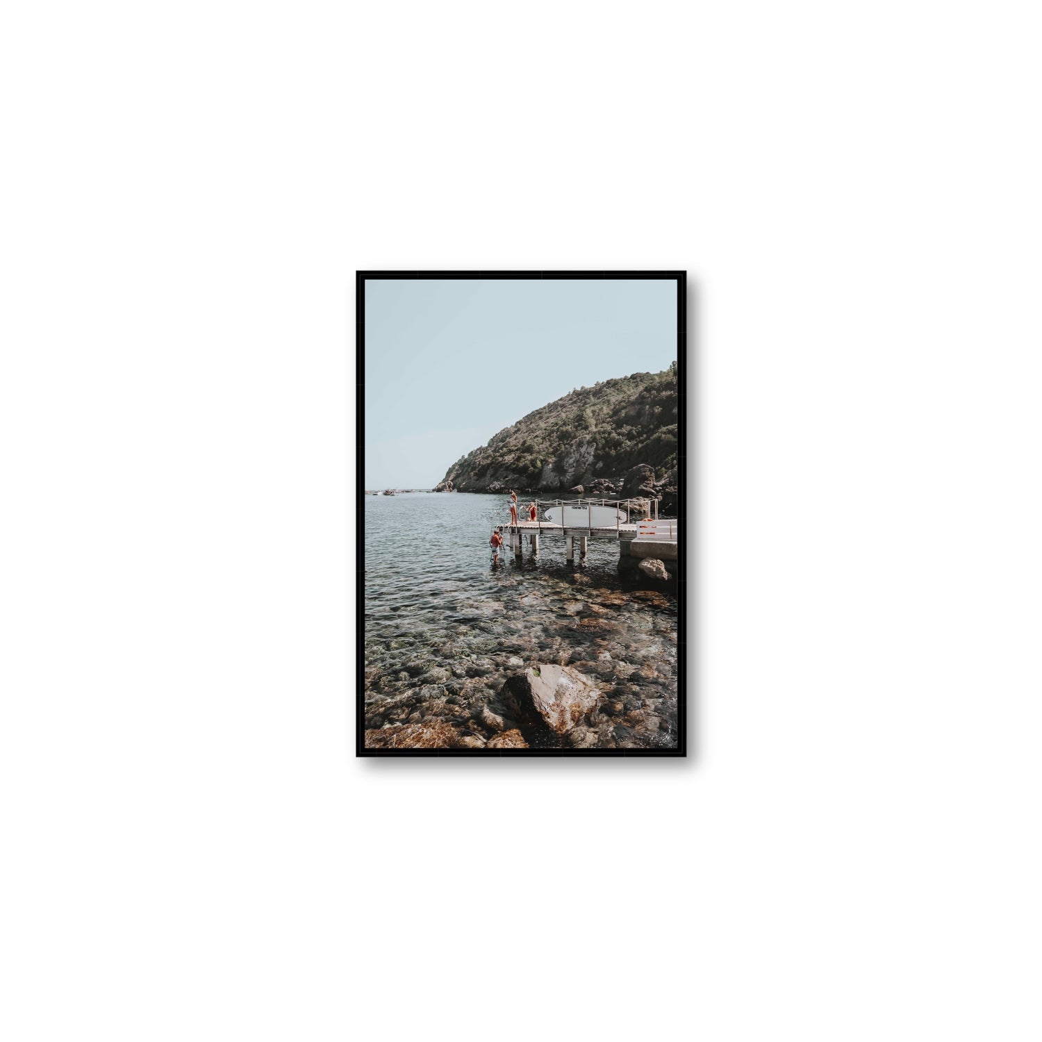 Tidal Explorers Tuscany coastal Italian wall art Medium fine art canvas in black float frame
