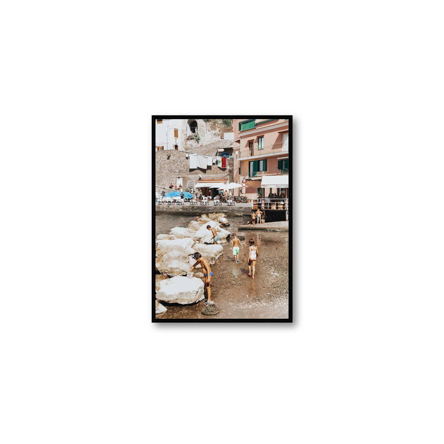 The Beachcombers Sorrento beach coastal wall art Medium fine art canvas in black float frame