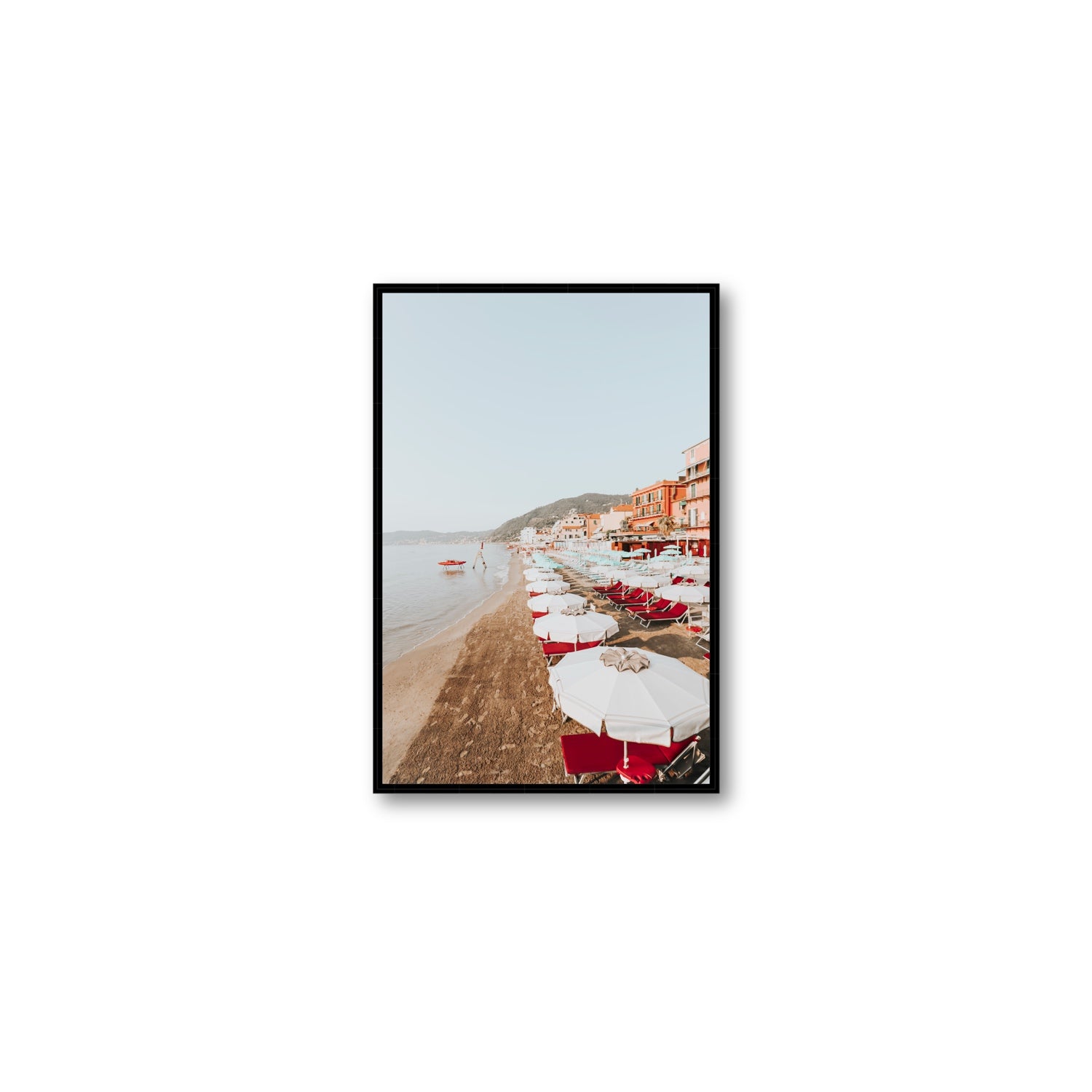 Italian Riviera fine art print, Alassio, Italy, coastal scenes artwork, Medium, Black Float Frame, Fine Art Canvas