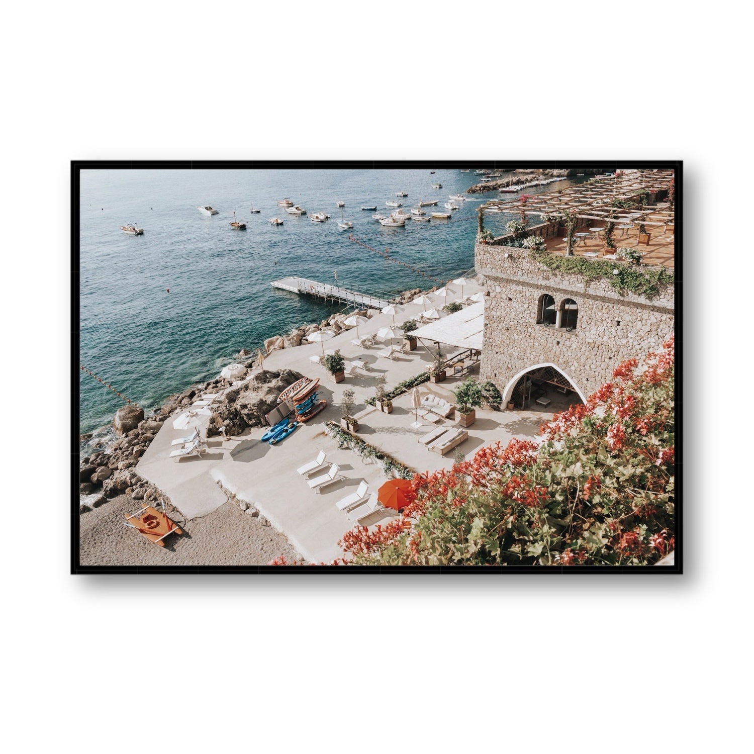 Floral Fortress fine art print, Amalfi, Italy, Statement, Black Float Frame, Fine Art Canvas