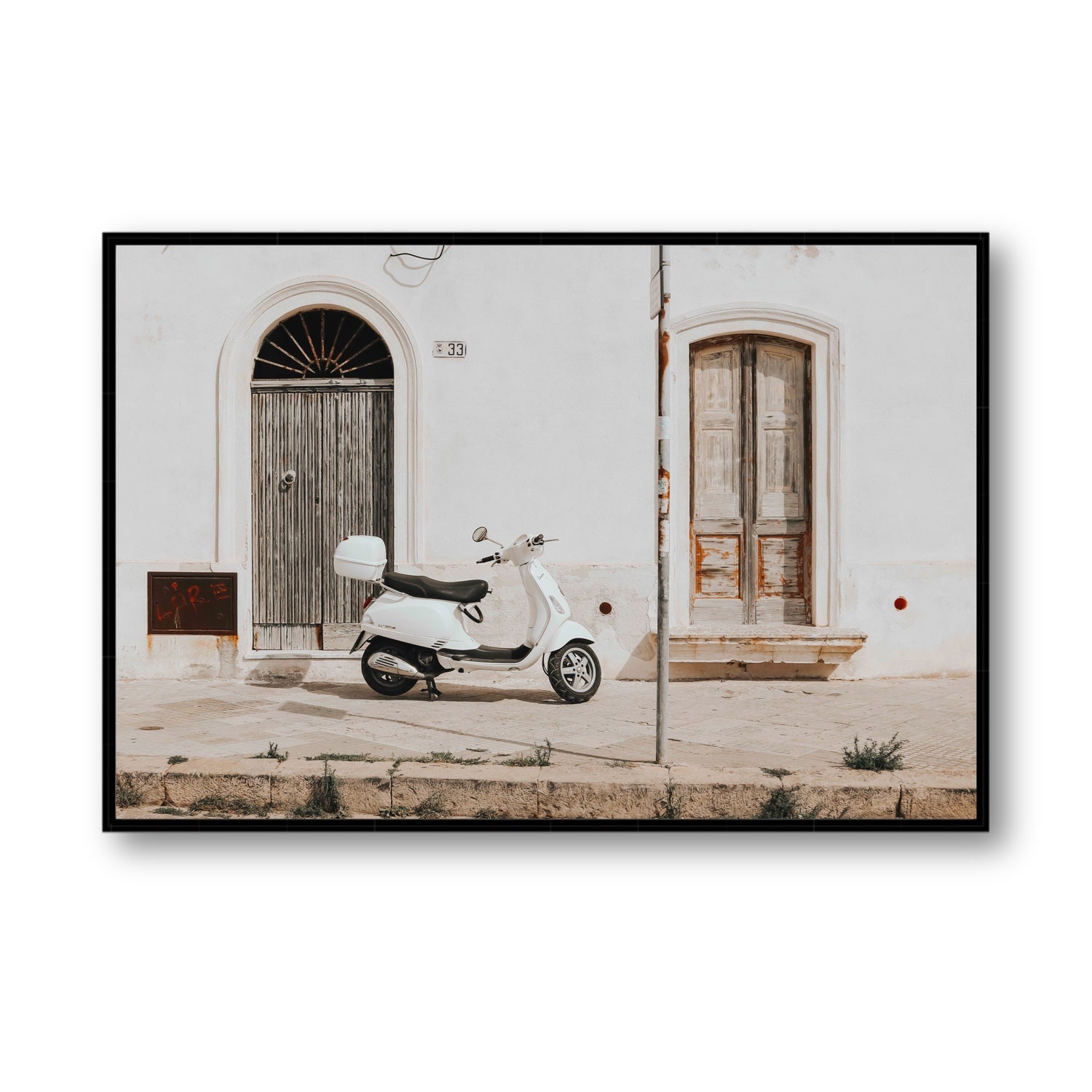 Vespa Nostalgia Puglia Italian wall art Statement fine art canvas in black float frame