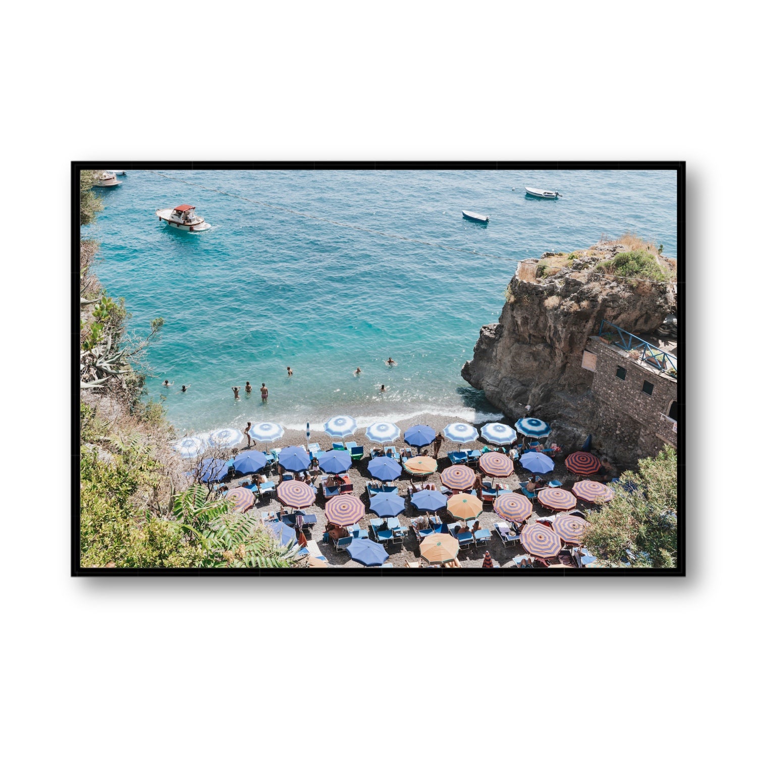 The Cove fine art print, Positano, Italy, Statement, Black Float Frame, Fine Art Canvas
