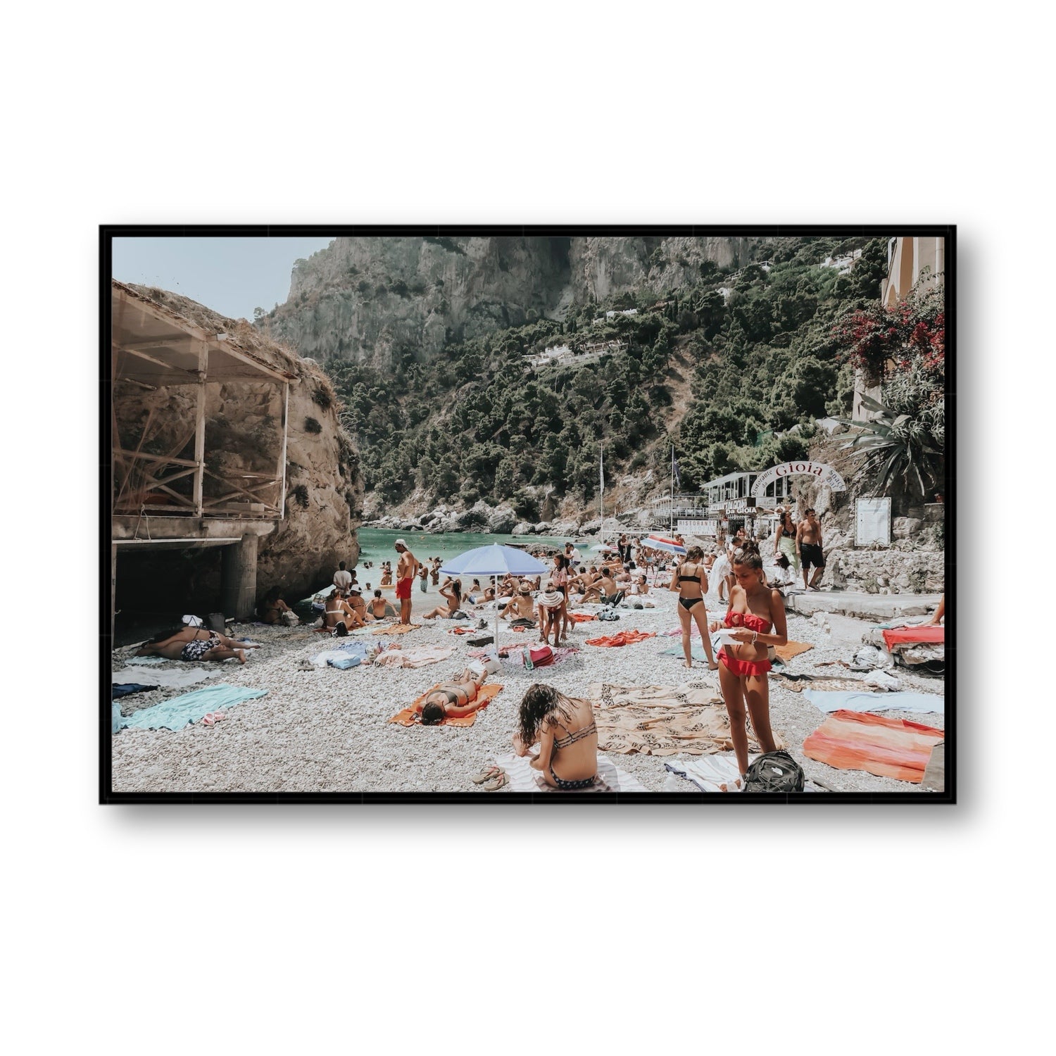 Spiaggia Da Gioia Capri beach coastal wall art Statement fine art canvas in black float frame