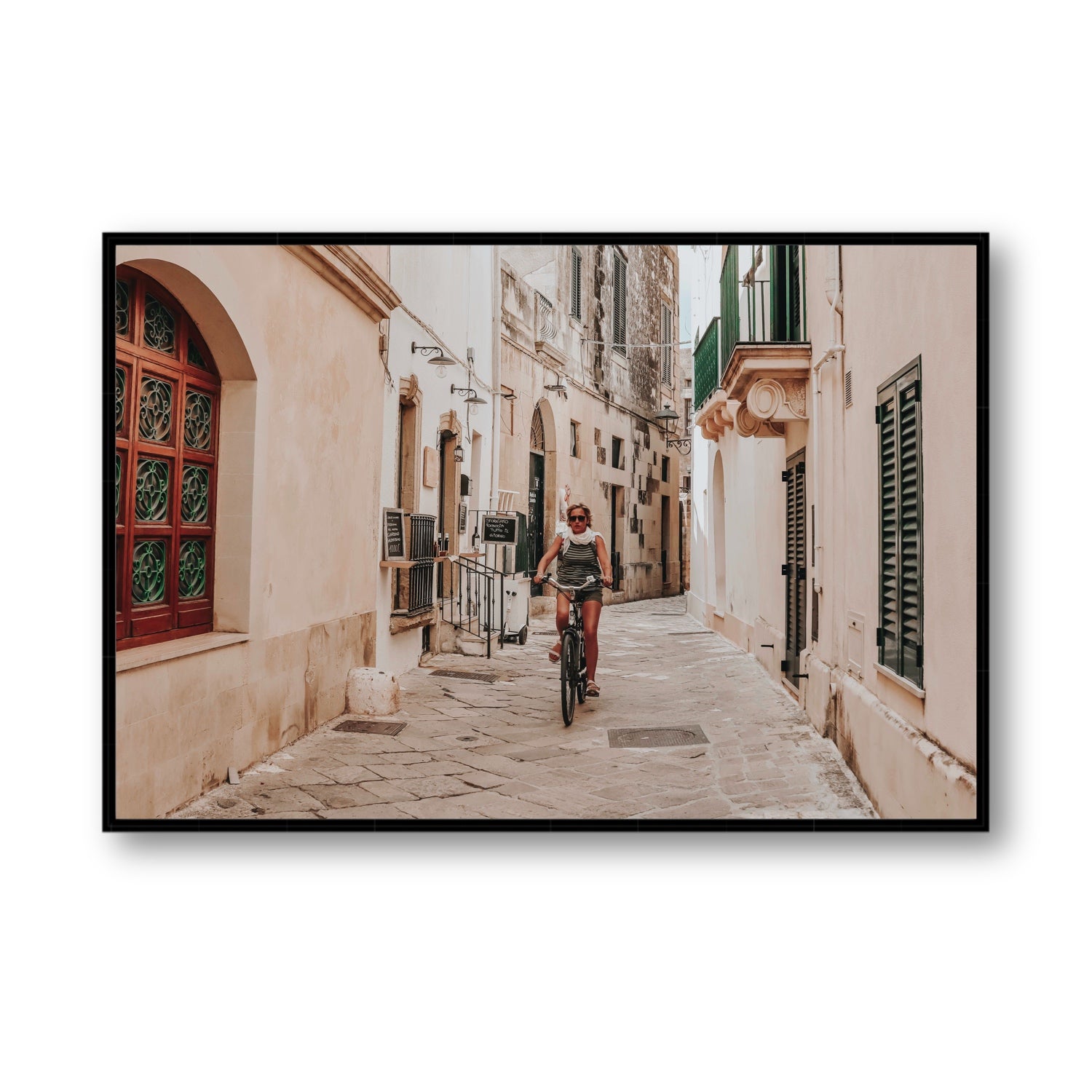 La Donna In Bicicletta Puglia Wall Italian fine art print Statement fine art canvas in black float frame