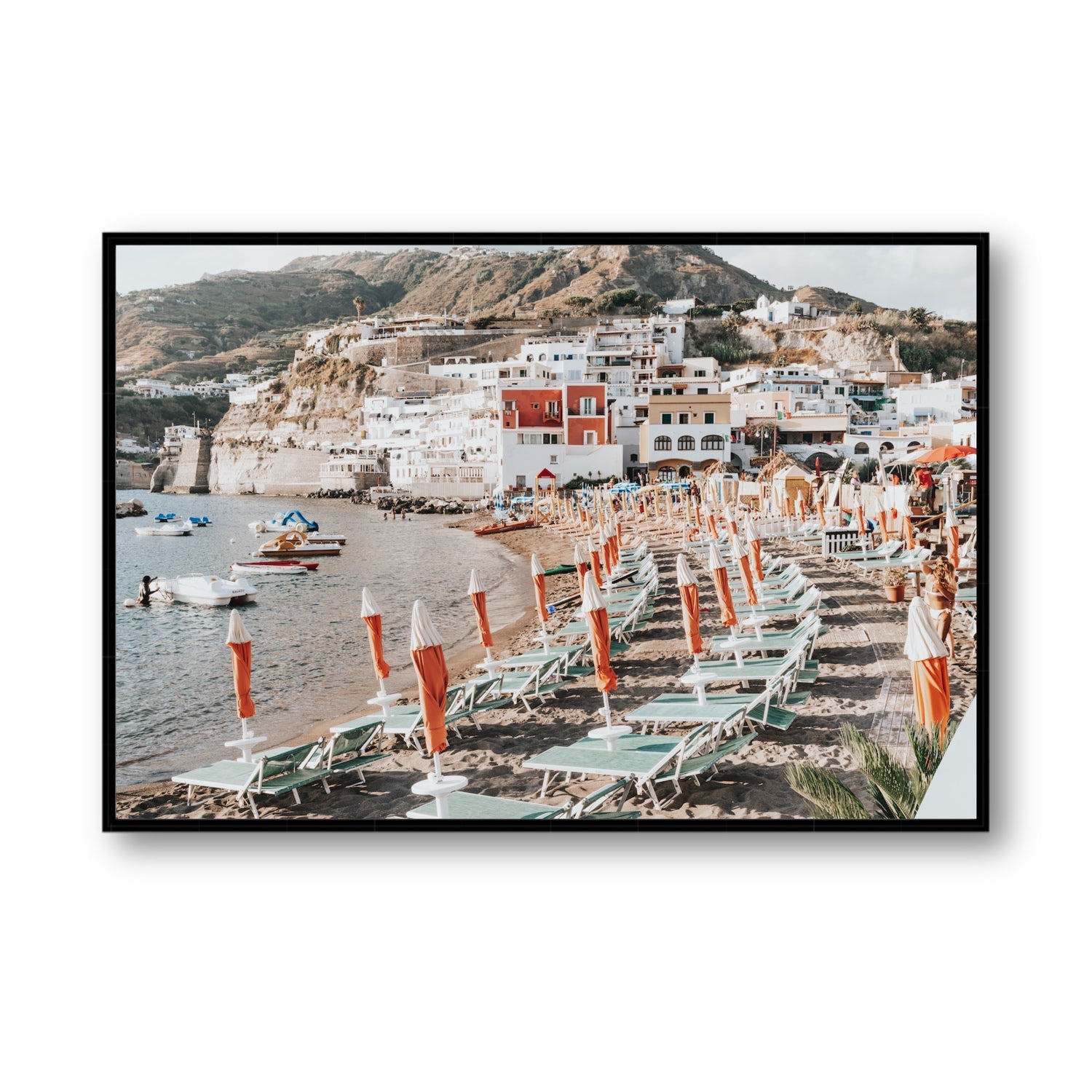 Sole Estivo Ischia Italian coastal wall art Statement fine art canvas in black float frame