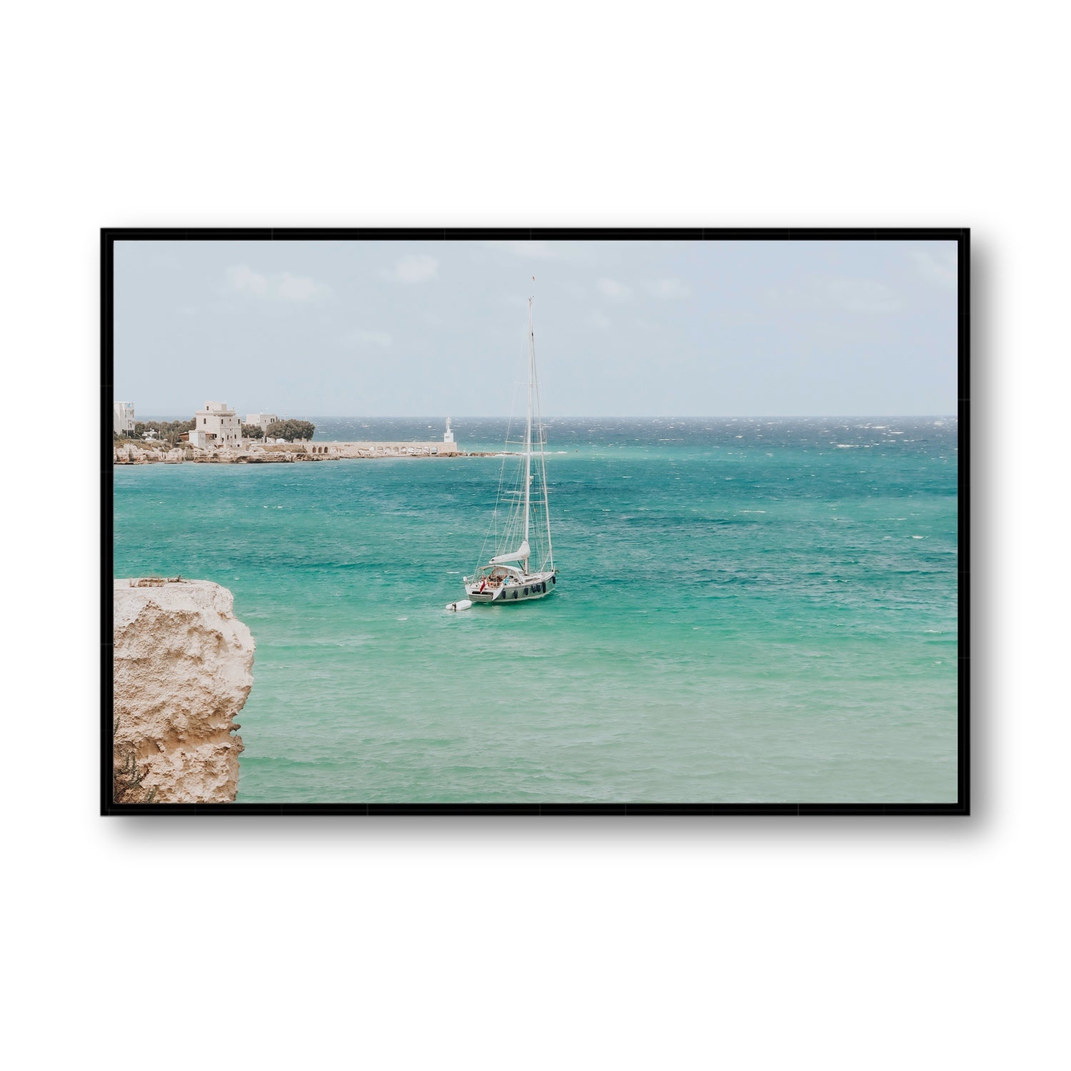 Adriatic Escape Puglia Italian coastal decor wall art Statement fine art canvas in black float frame