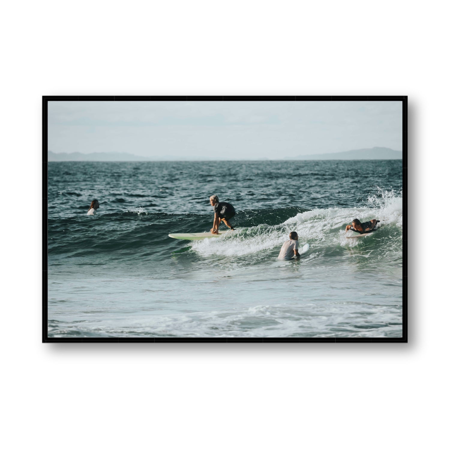 The Boys of Summer Byron Bay Surf coastal wall art Statement fine art canvas in black float frame