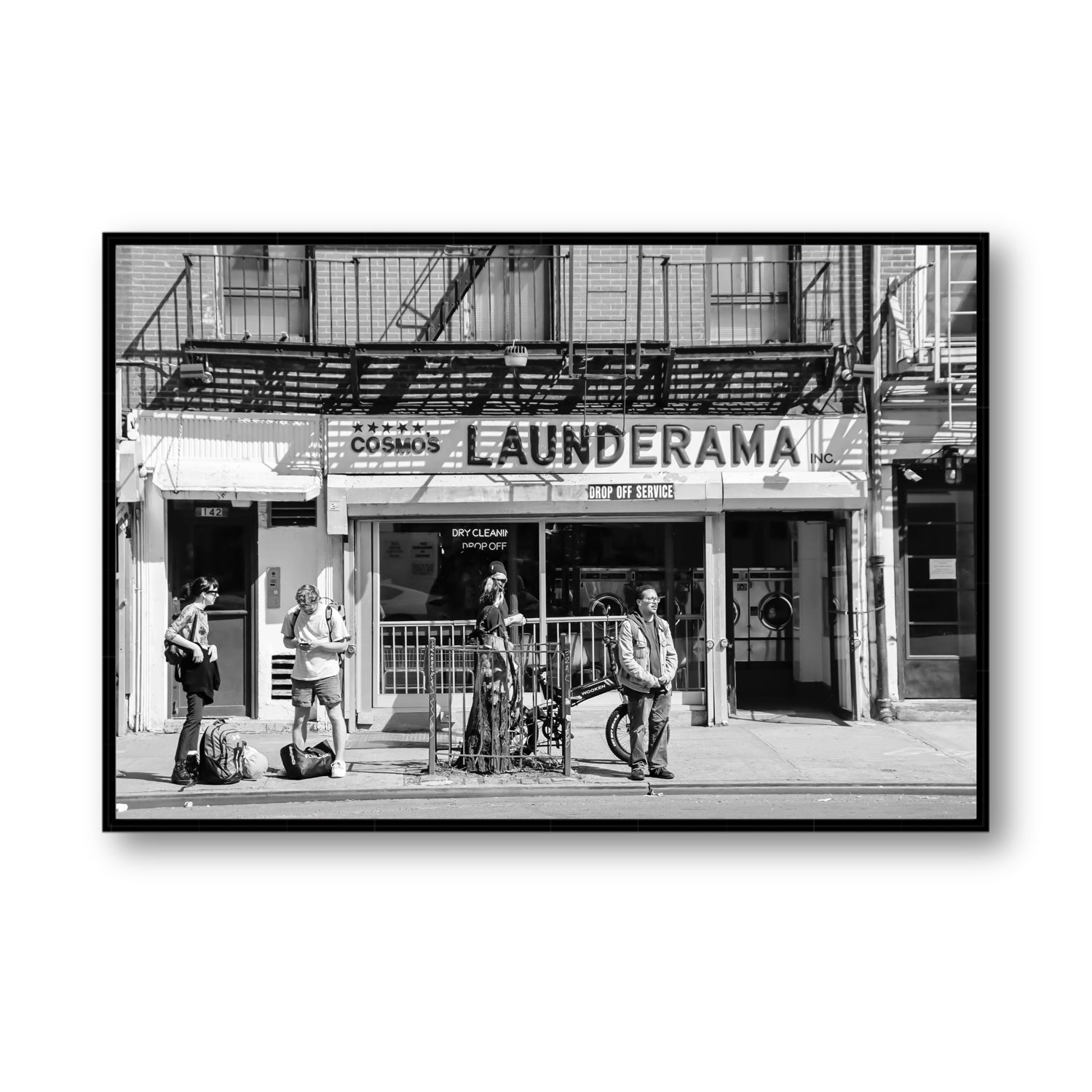 Launderama New York NYC Black & White wall art Statement fine art canvas in black float frame