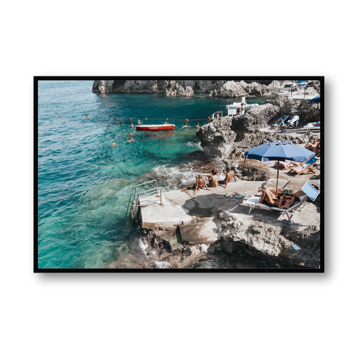 Serenity By The Sea Capri Mediterranean wall art Statement fine art canvas in black float frame