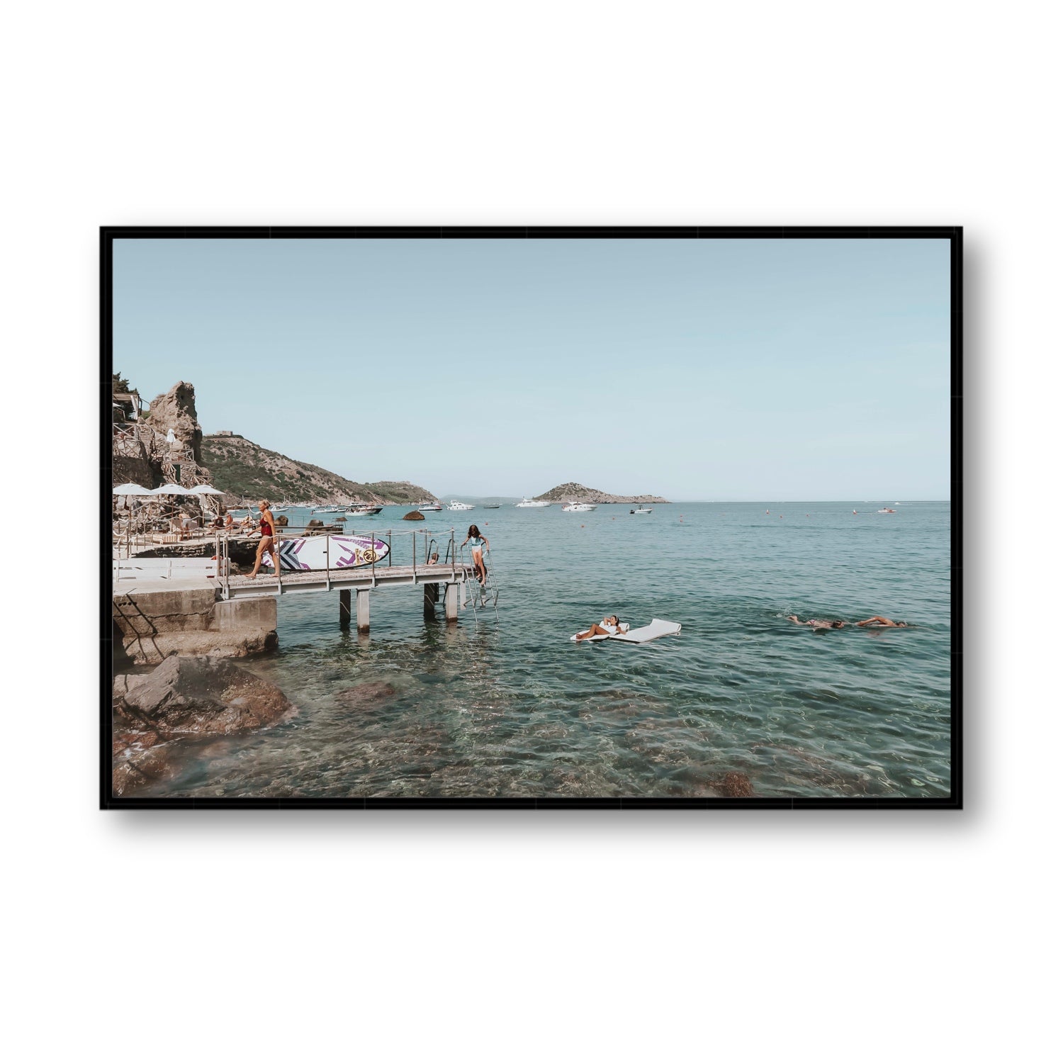 Retro Glamour Tuscany coastal Italian wall art Statement fine art canvas in black float frame