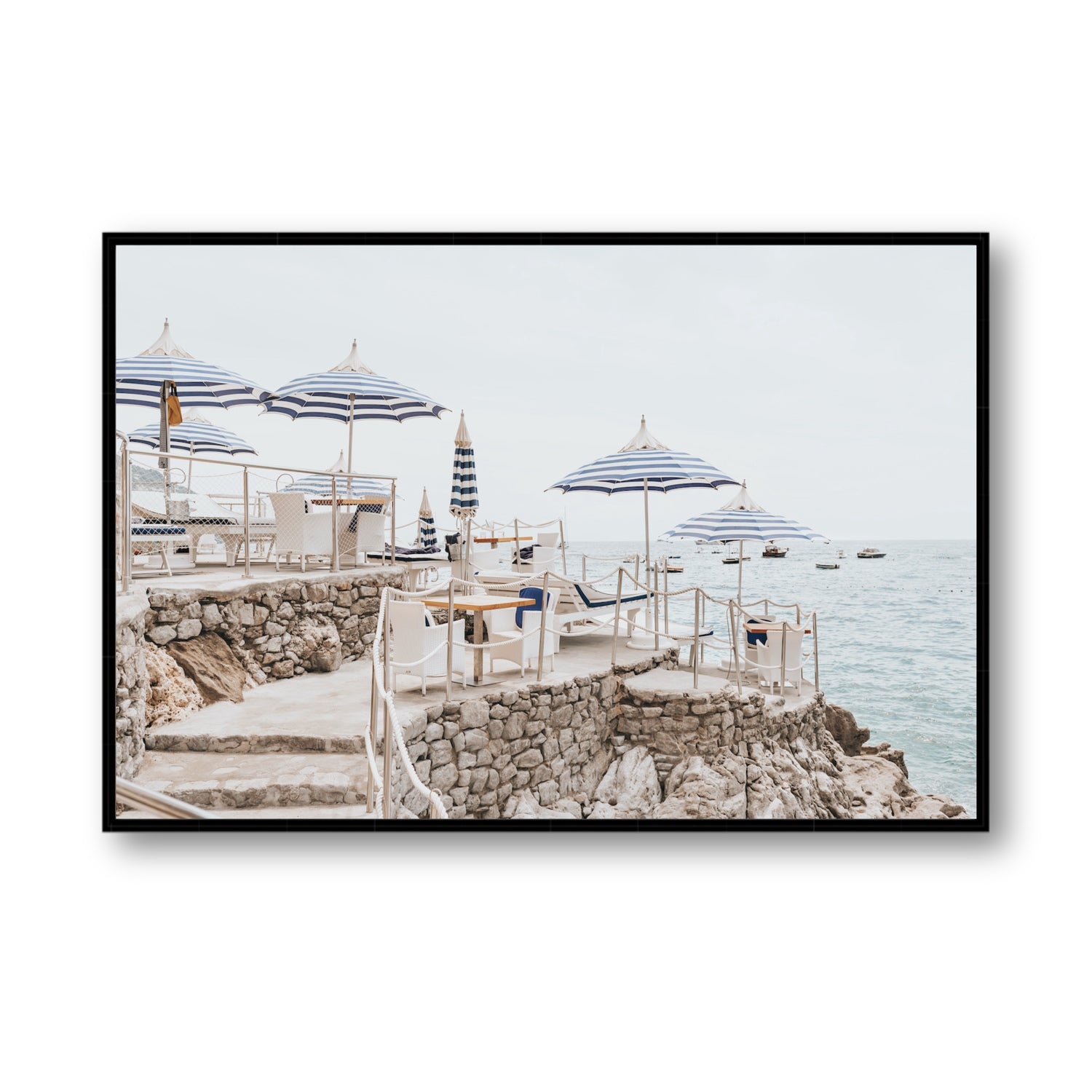 Ombrelloni fine art print, Positano, Italy, Statement, Black Float Frame, Fine Art Canvas