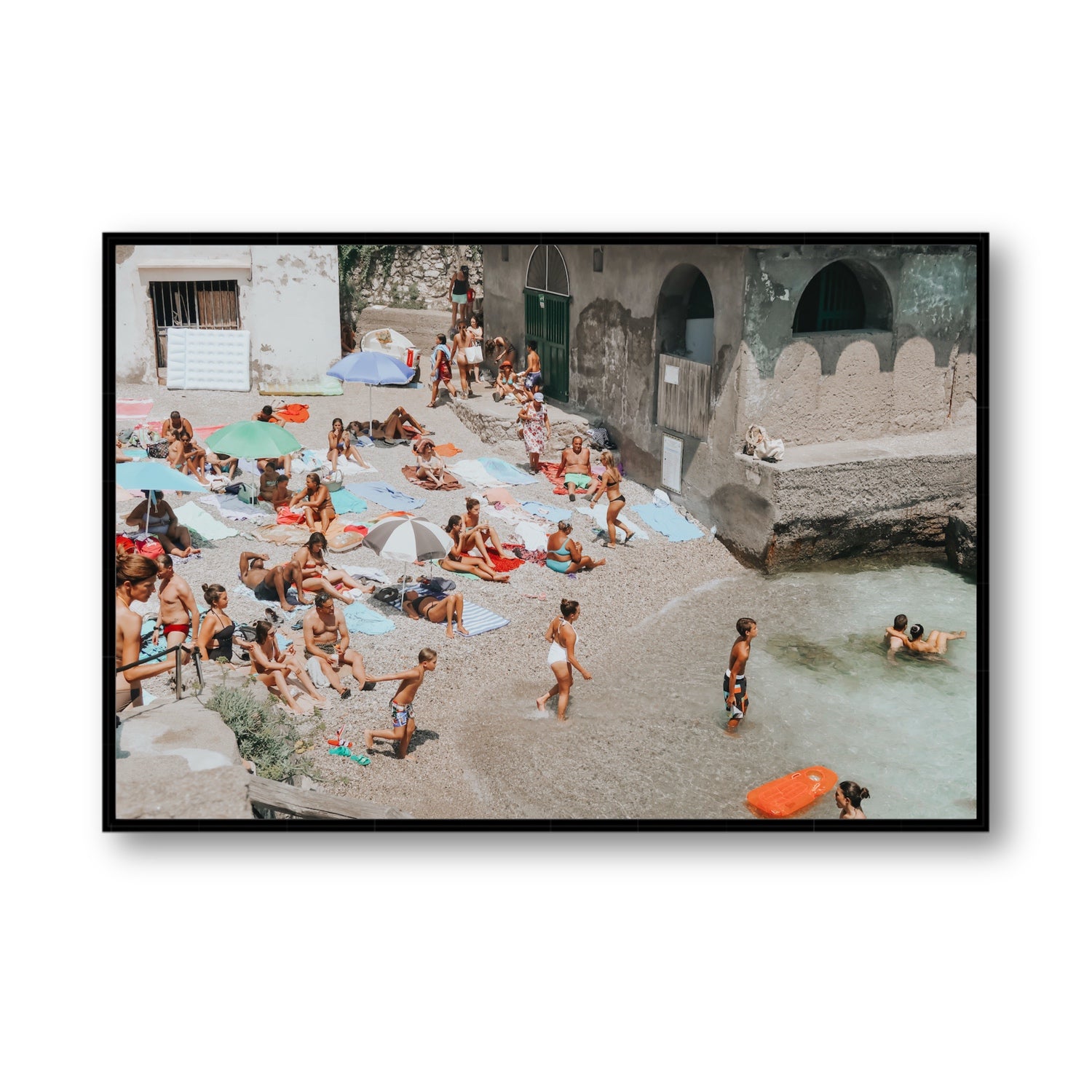 Heatwave Capri beach coastal wall art Statement fine art canvas in black float frame
