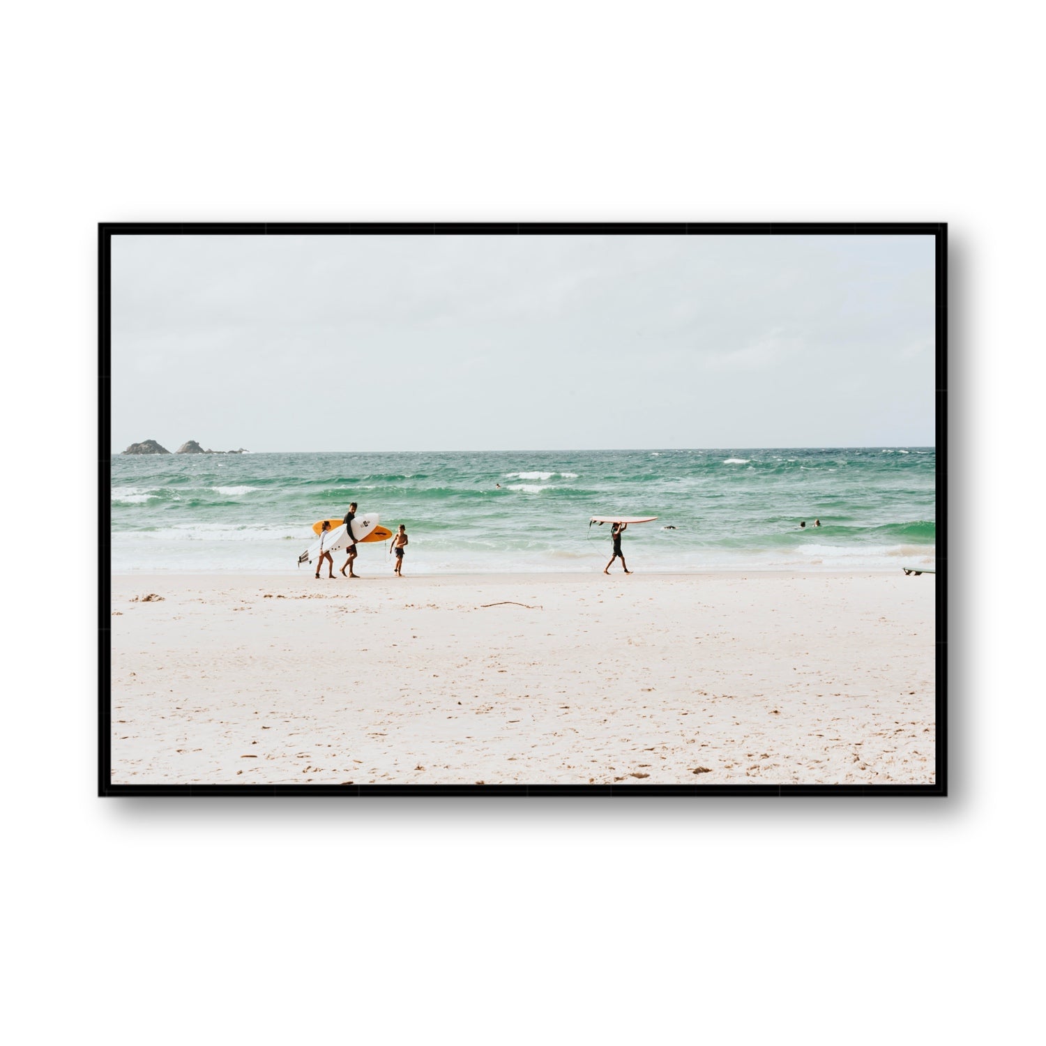 La Famiglia Byron Bay Family Surf coastal wall art Statement fine art canvas in black float frame