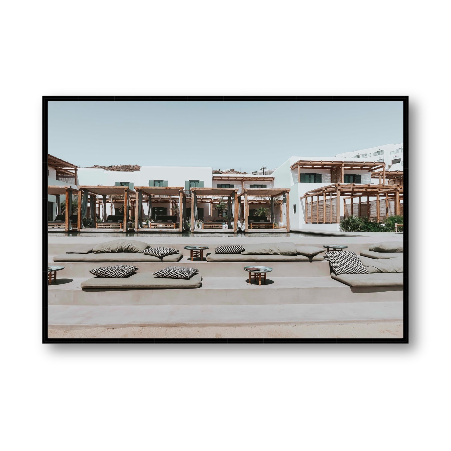 Platis Gialos fine art print, Mykonos, Greece, Statement, Black Float Frame, Fine Art Canvas