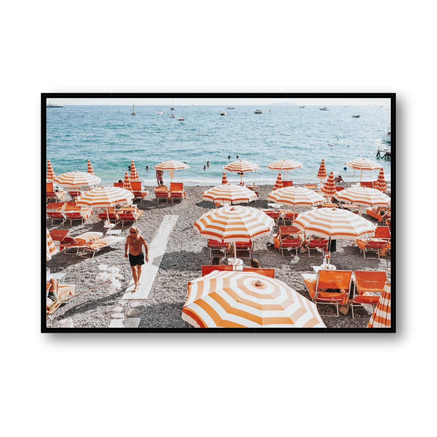 Shoreline Strut Positano wall art Statement fine art canvas in black float frame