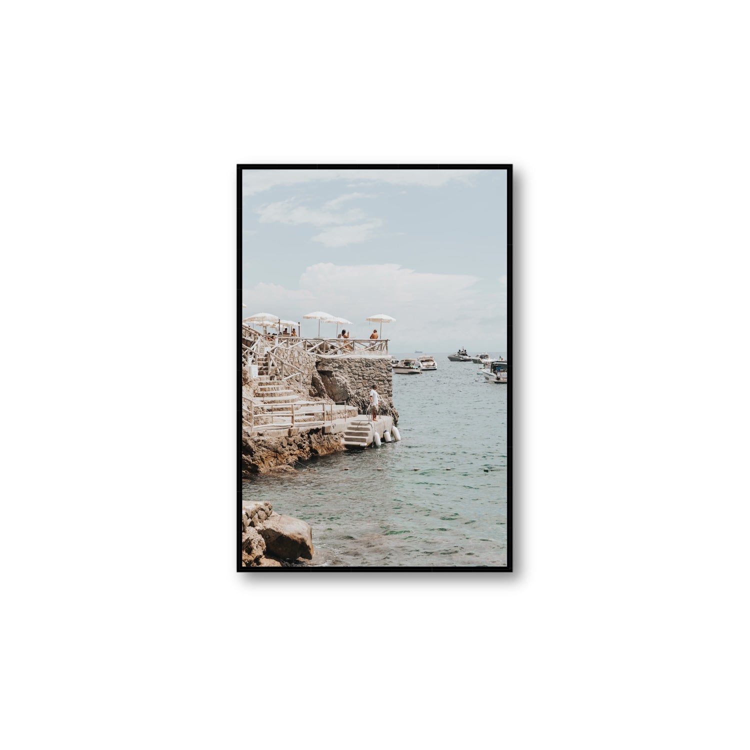 Pier Patrol fine art print, Nerano, Italy, Large, Black Float Frame, Fine Art Canvas