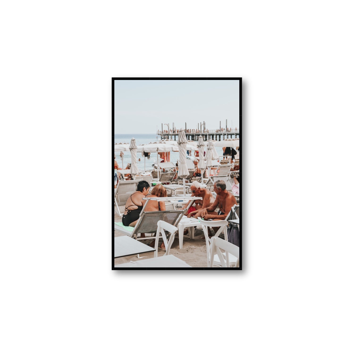 Salted Shuffle fine art print, Alassio, Italy, people and locals artwork, Large, Black Float Frame, Fine Art Canvas