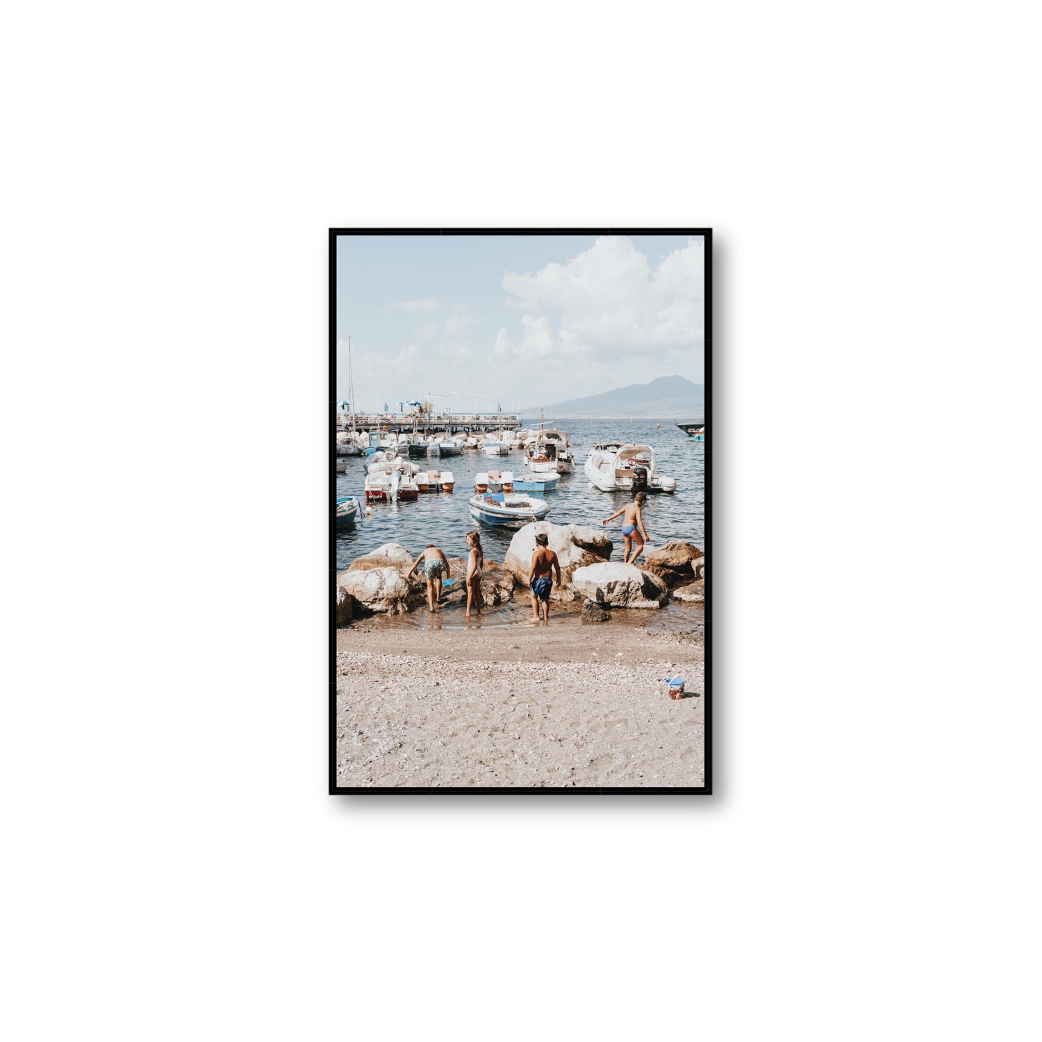 Searching For Treasures Sorrento coastal wall art Large fine art canvas in black float frame