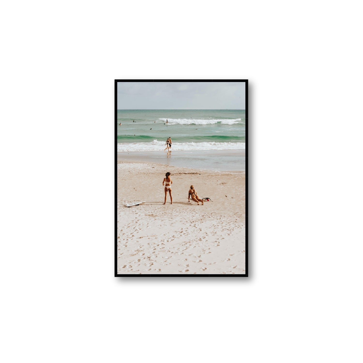 Gidget & Betty Byron Bay beach coastal wall art Large fine art canvas in black float frame