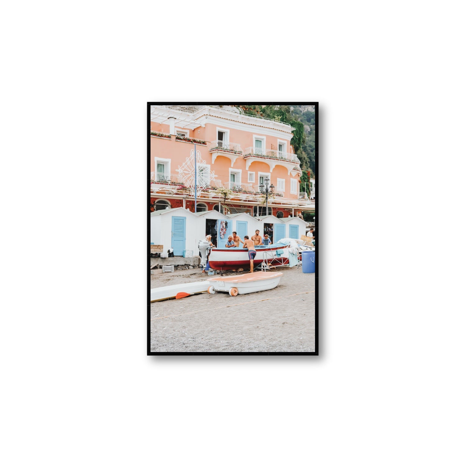La Riunione della Mattina fine art print, Positano, Italy, Large, Black Float Frame, Fine Art Canvas