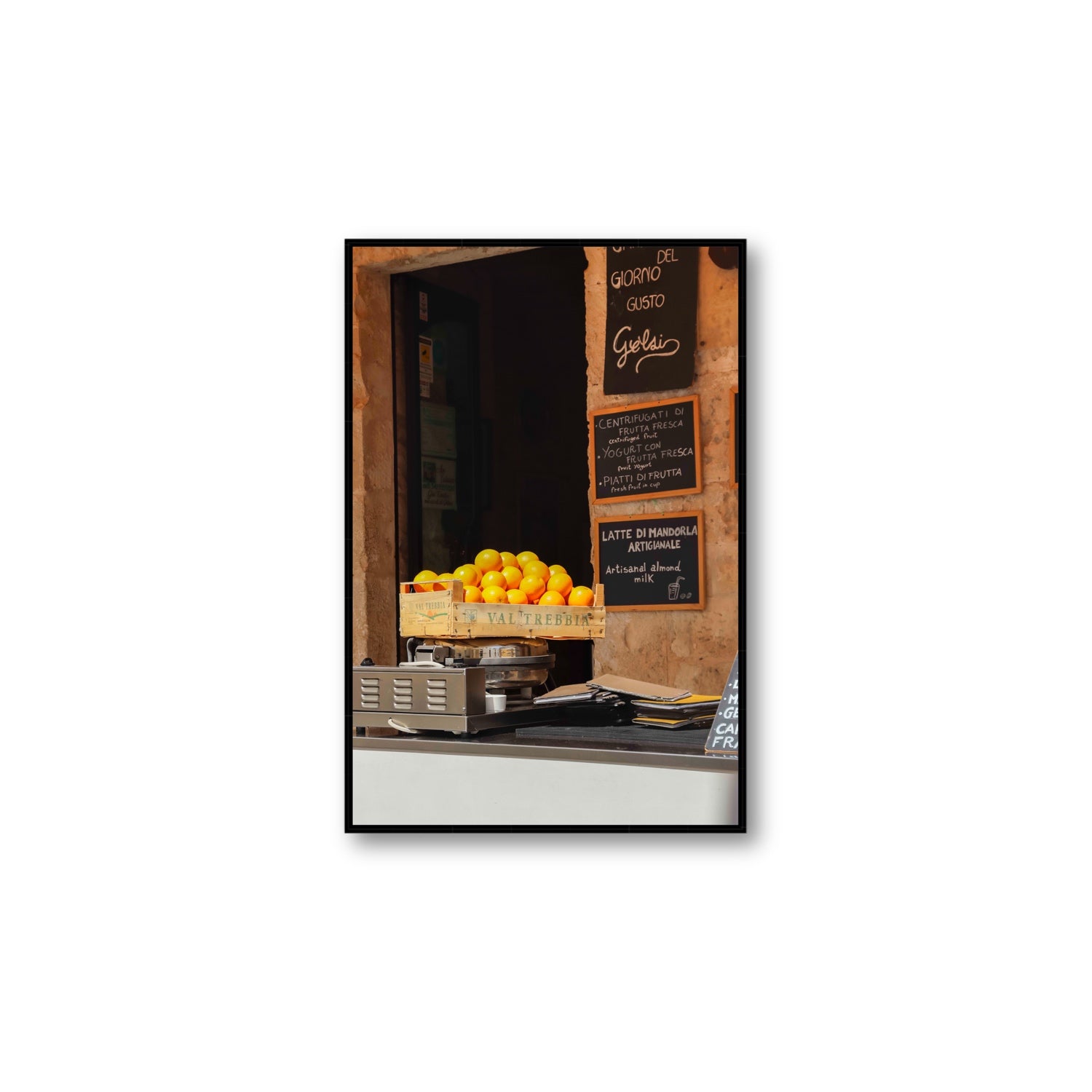 Luminous Citrus Puglia Ostuni Italian wall art Large fine art canvas in black float frame