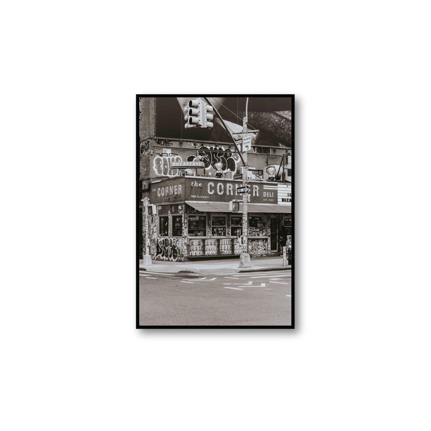 Soho Deli New York NYC Black & White wall art Large fine art canvas in black float frame