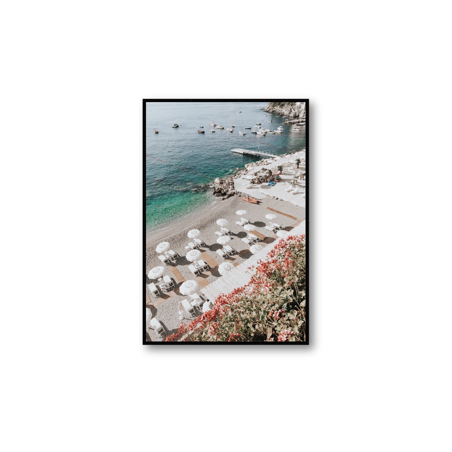 Tranquil Oasis Amalfi coastal wall art Large fine art canvas in black float frame