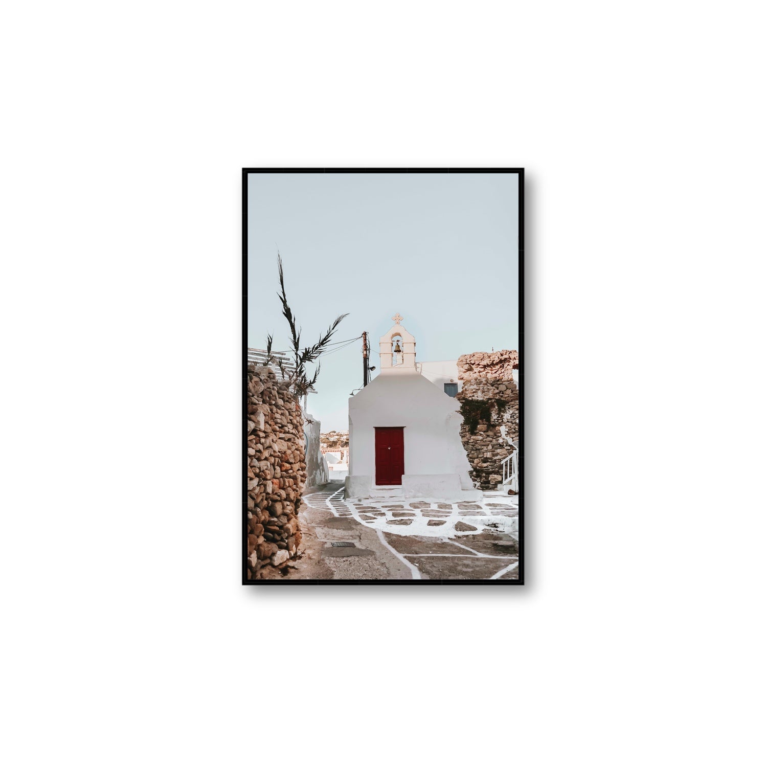 Little Chapel Mykonos Greek island wall art Large fine art canvas in black float frame