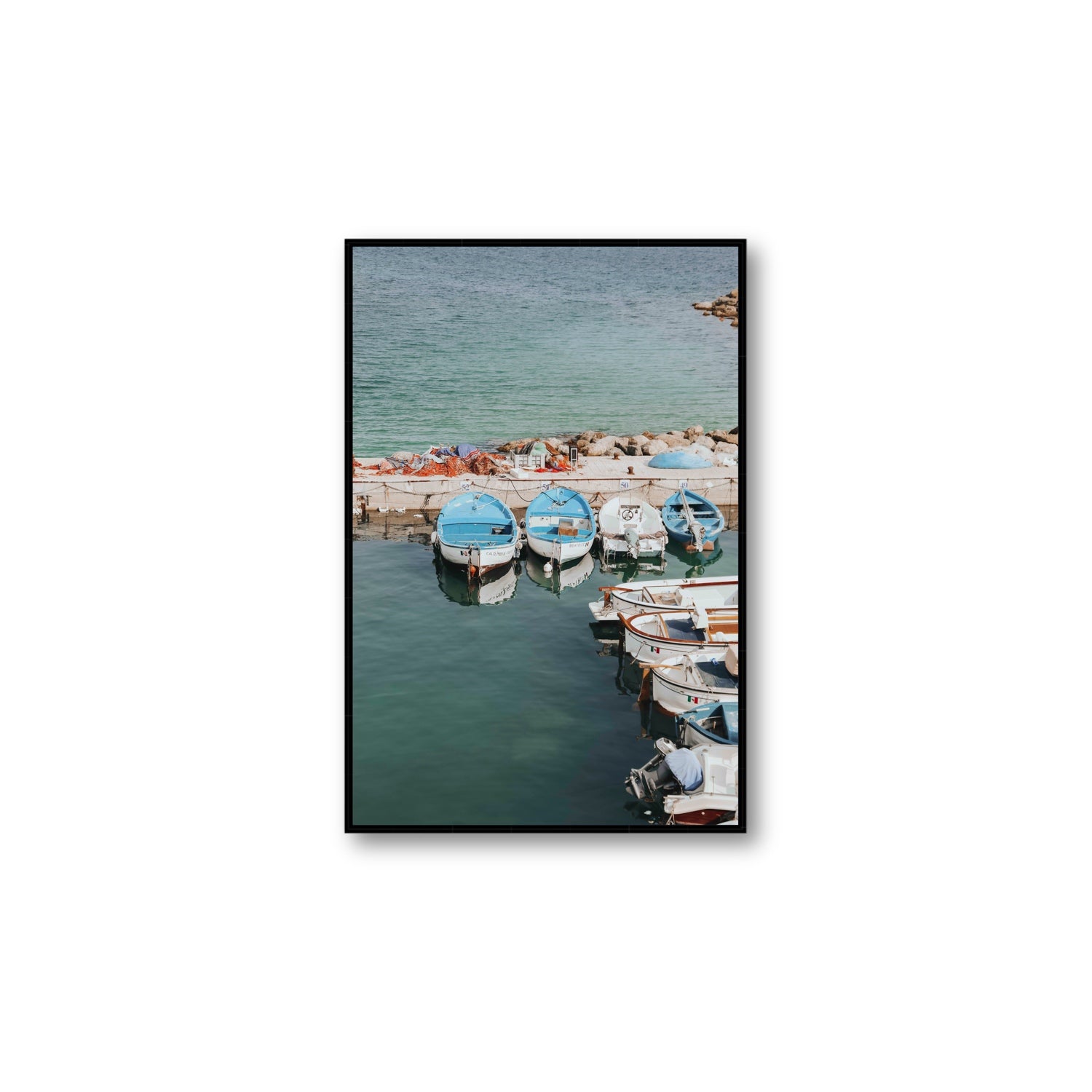 Maritime Memories Puglia Harbour Reflections coastal wall art Large fine art canvas in black float frame