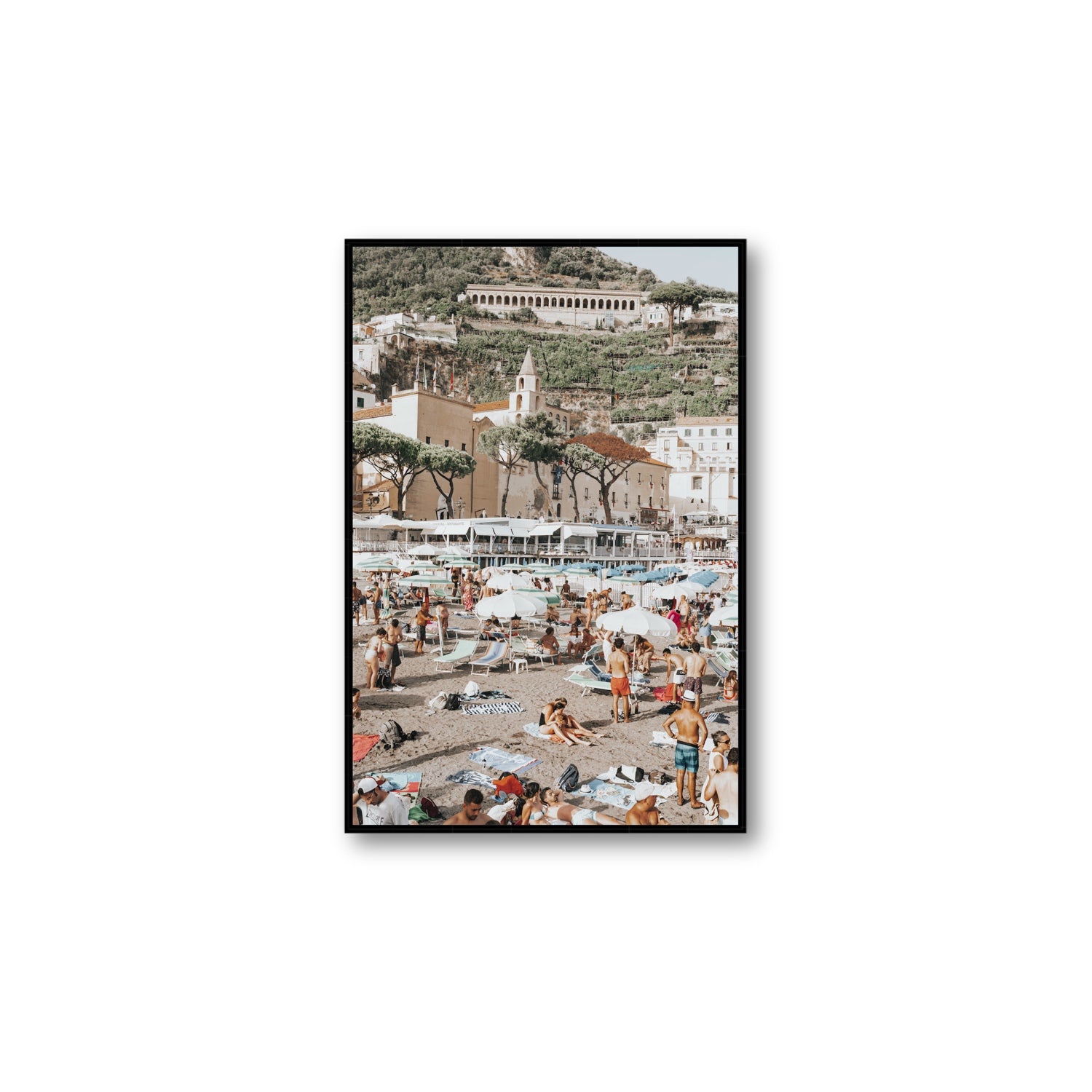 Festa In Spiaggia Amalfi coastal wall art Large fine art canvas in black float frame