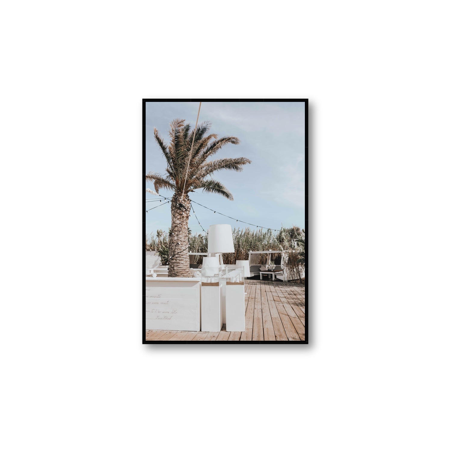 Seabreeze Palm Puglia coastal beach wall art Large fine art canvas in black float frame