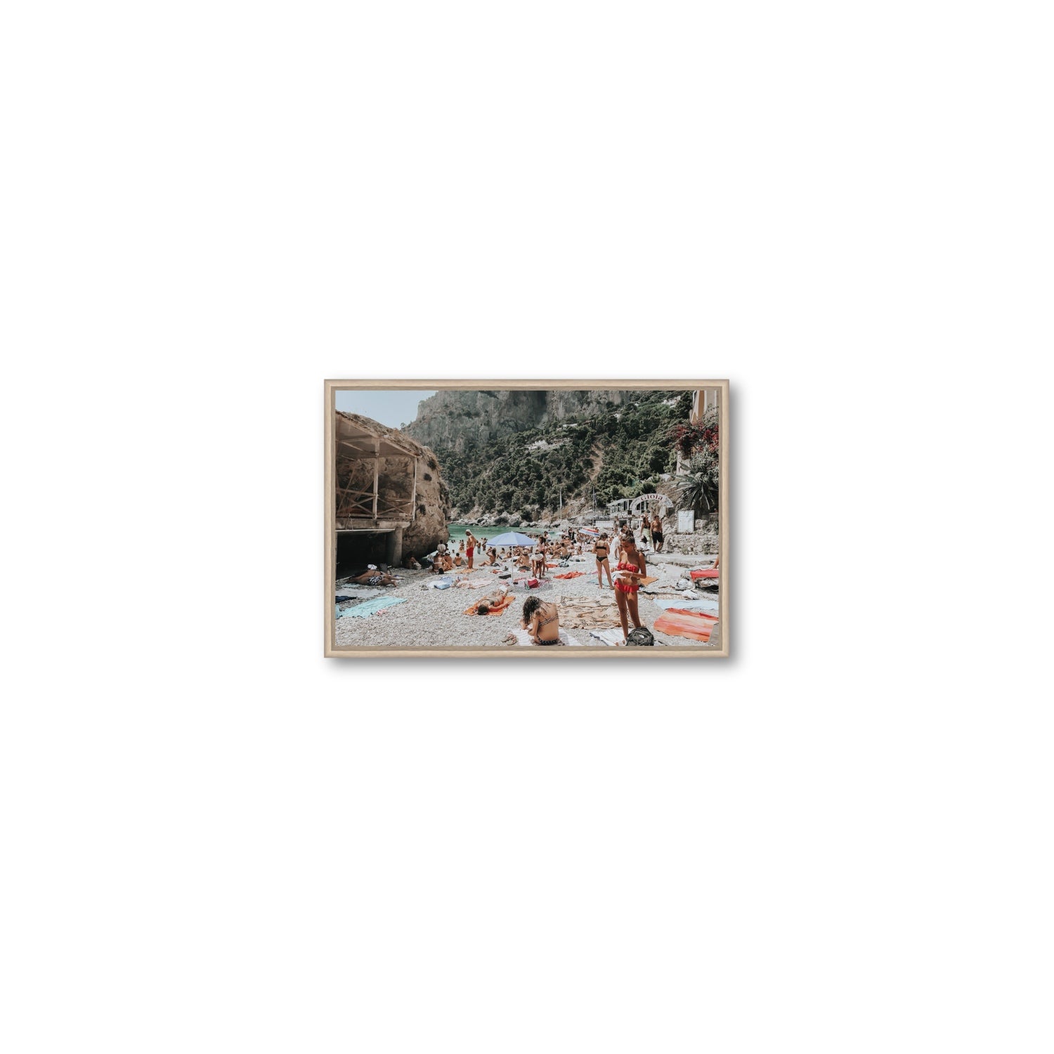 Spiaggia Da Gioia Capri beach coastal wall art Small fine art canvas in natural oak float frame
