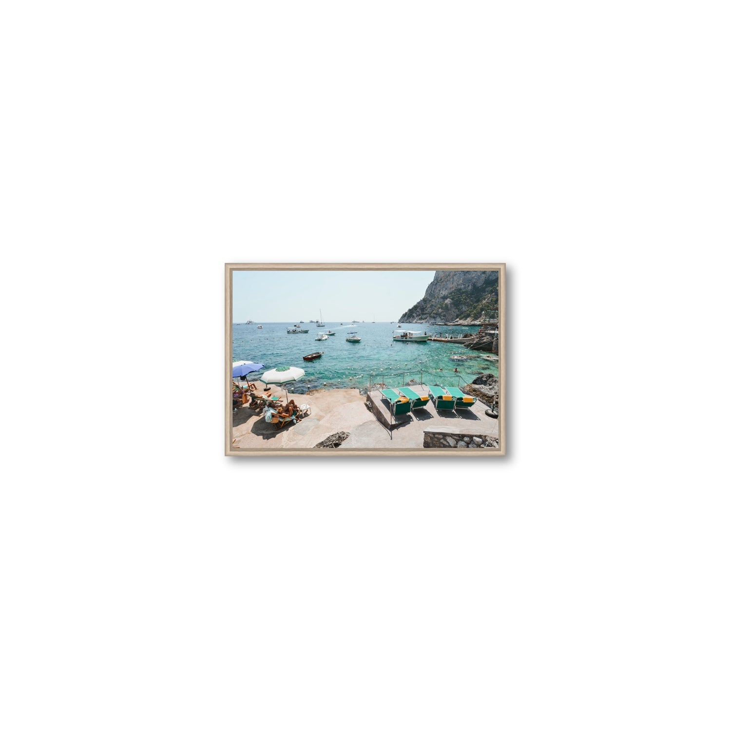 Save Me A Seat Capri Mediterranean wall art Small fine art canvas in natural oak float frame